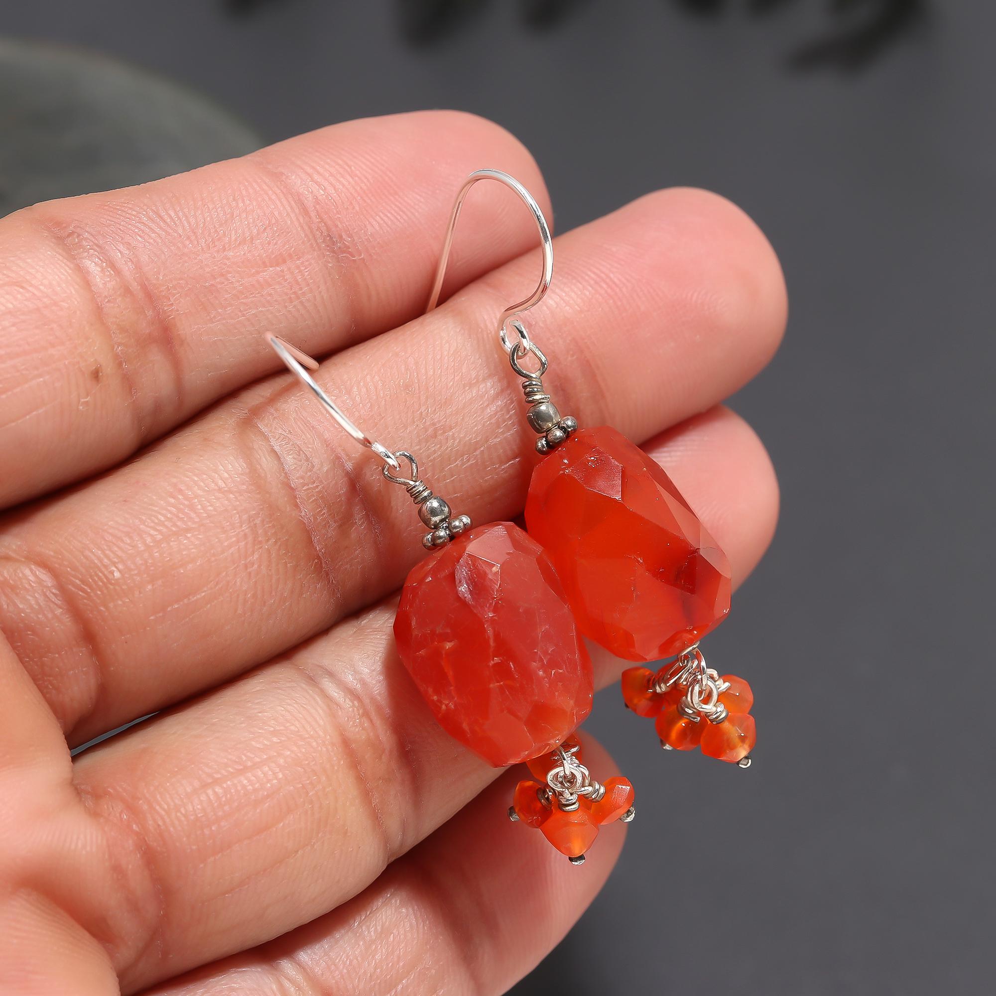 925 Silver Carnelian Beads Dangle Earrings