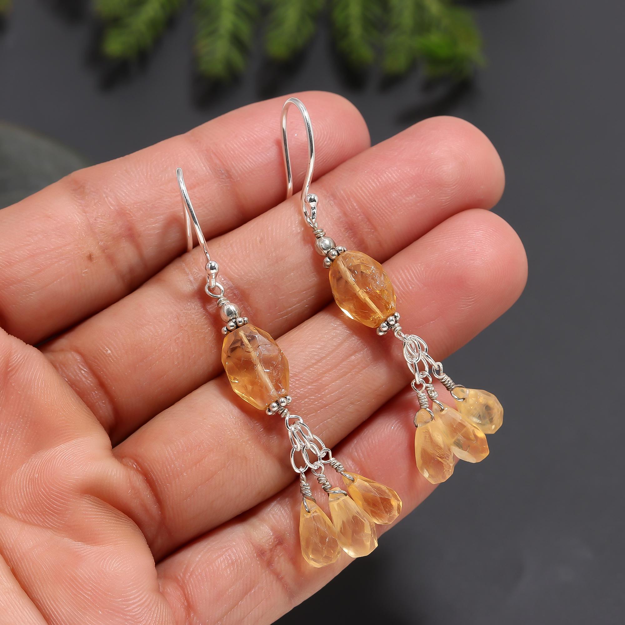 925 Silver Citrine Cluster Dangle Earrings