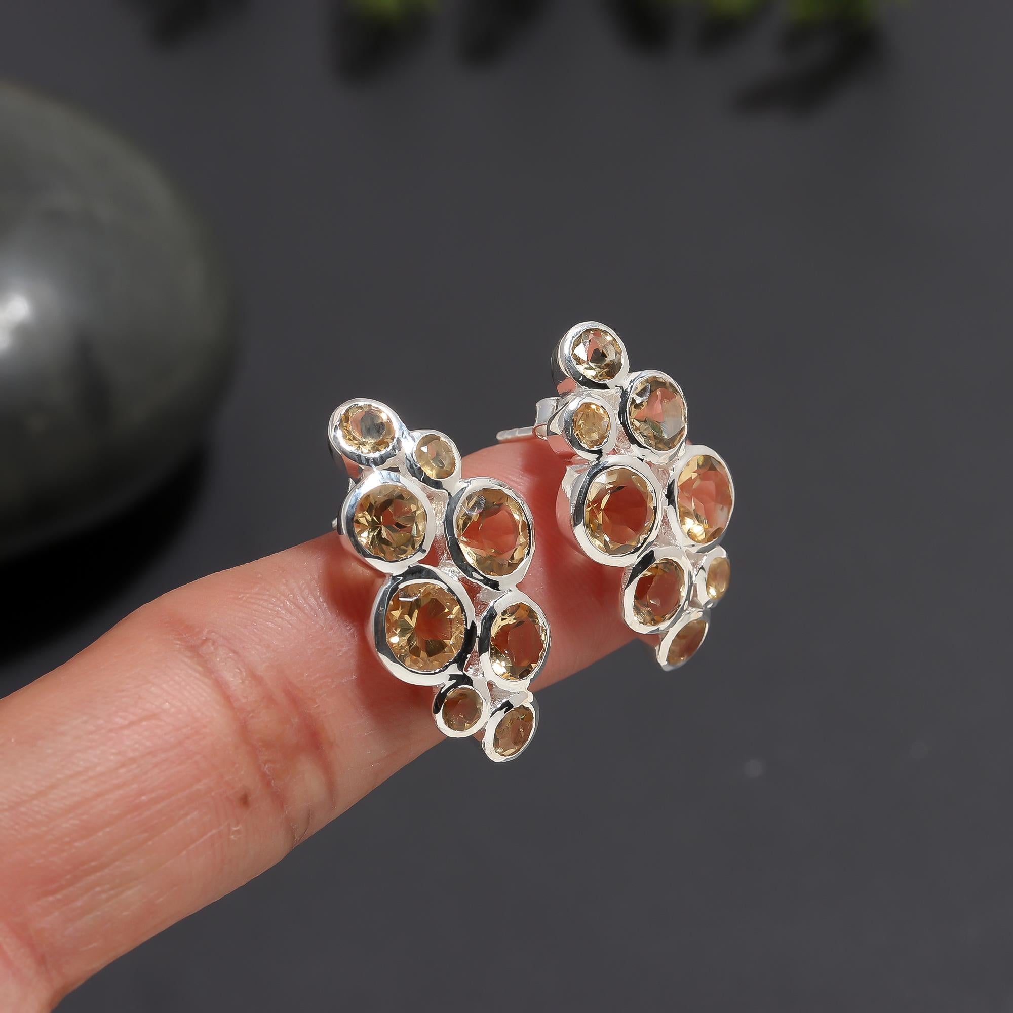 925 Silver Cluster Citrine Stud Earrings