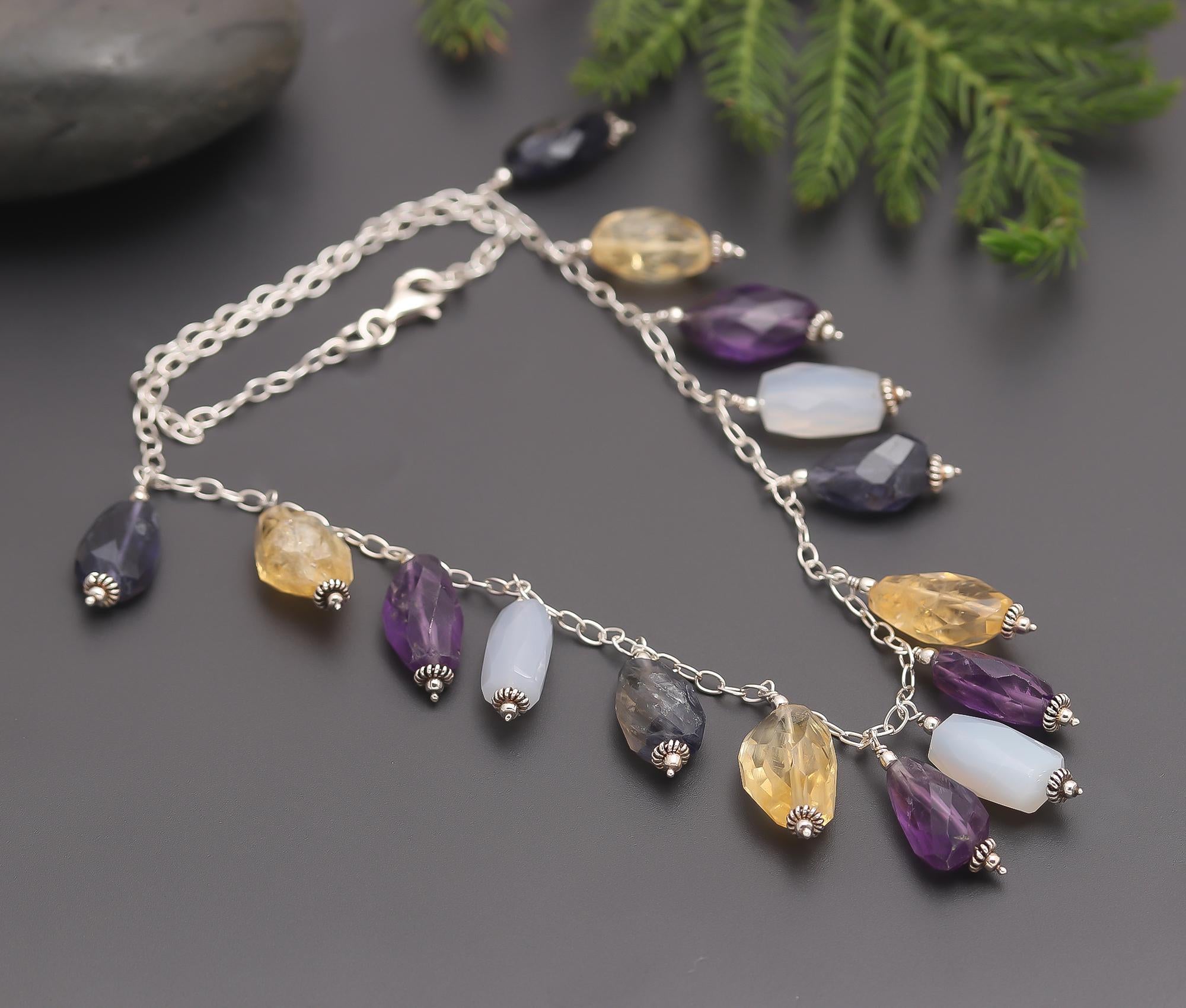 925 Silver Multicolor Gemstone Drop Necklace
