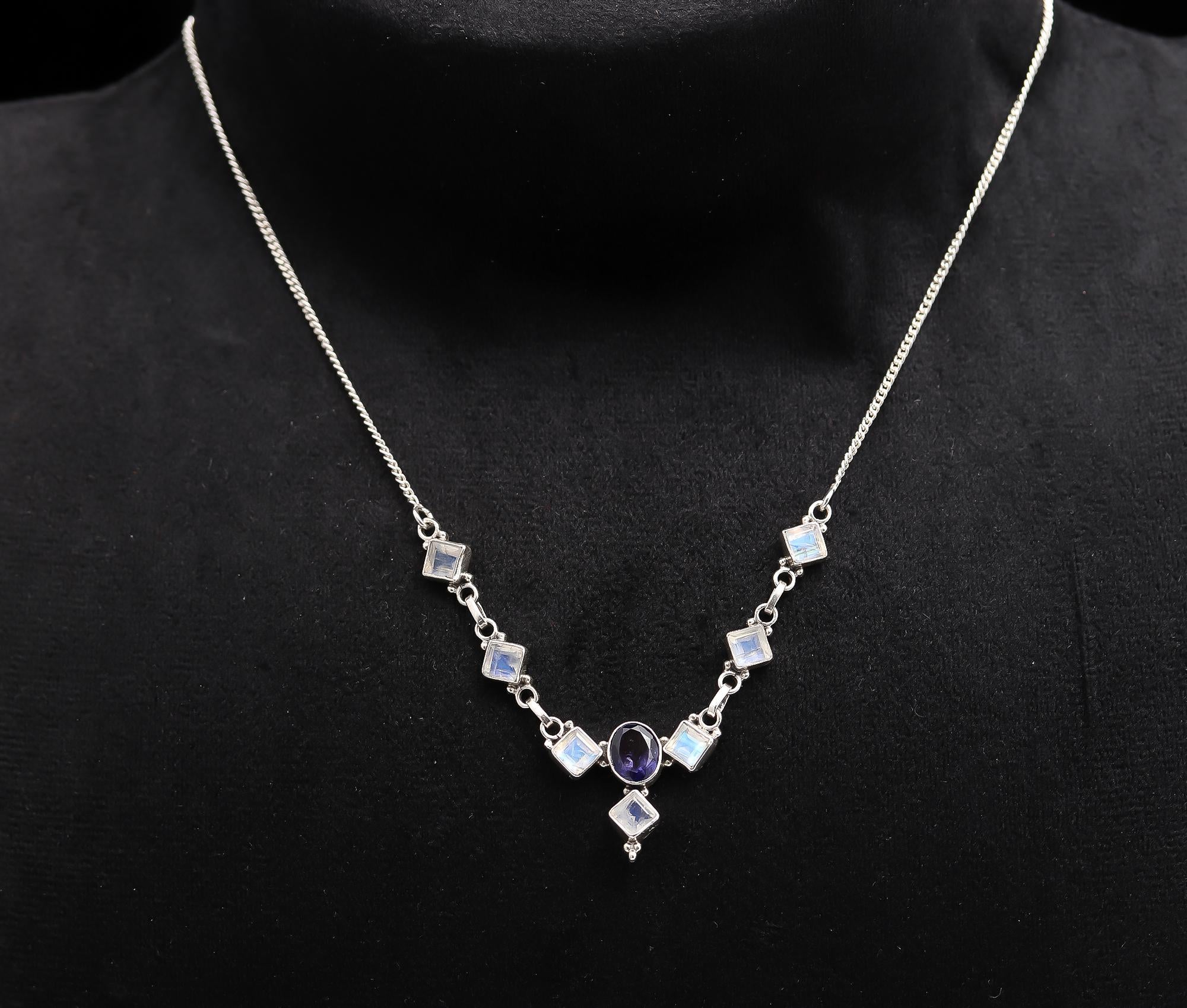 925 Silver Iolite and Rainbow Moonstone Necklace