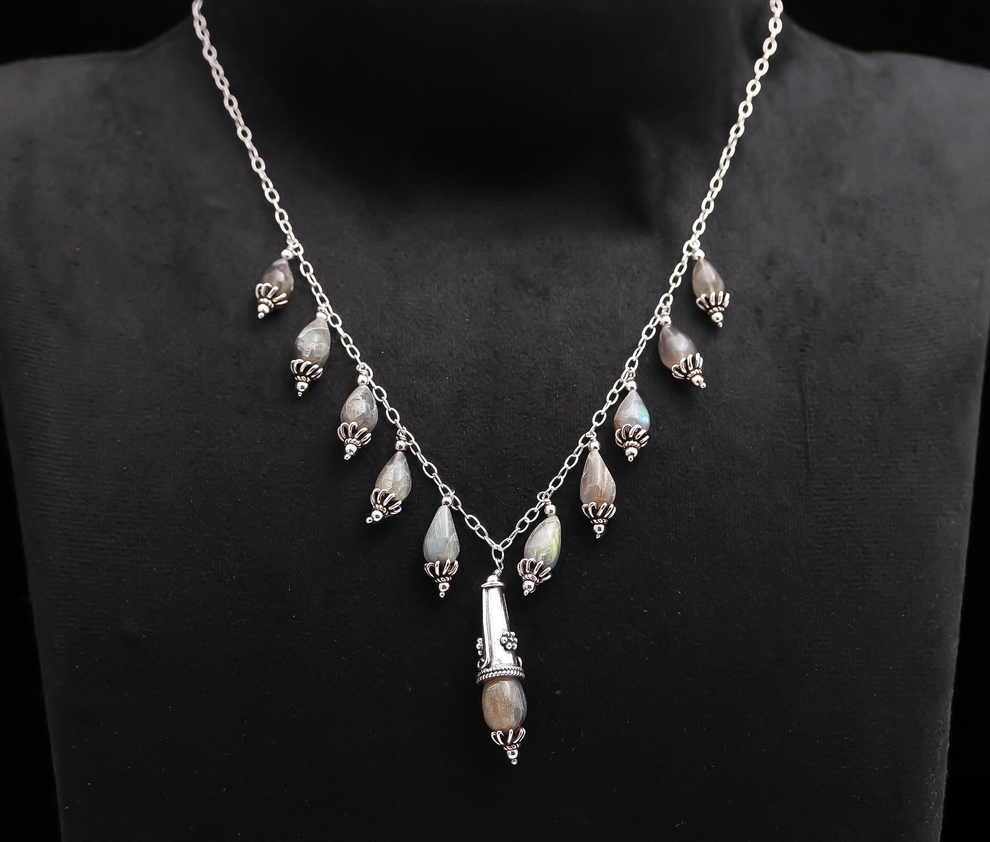 925 Silver Labradorite Drop Pendant Necklace