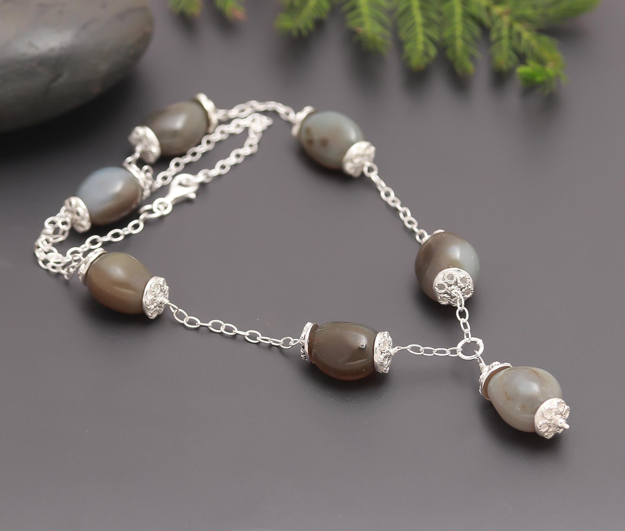 925 Silver Grey Agate Beads Necklace