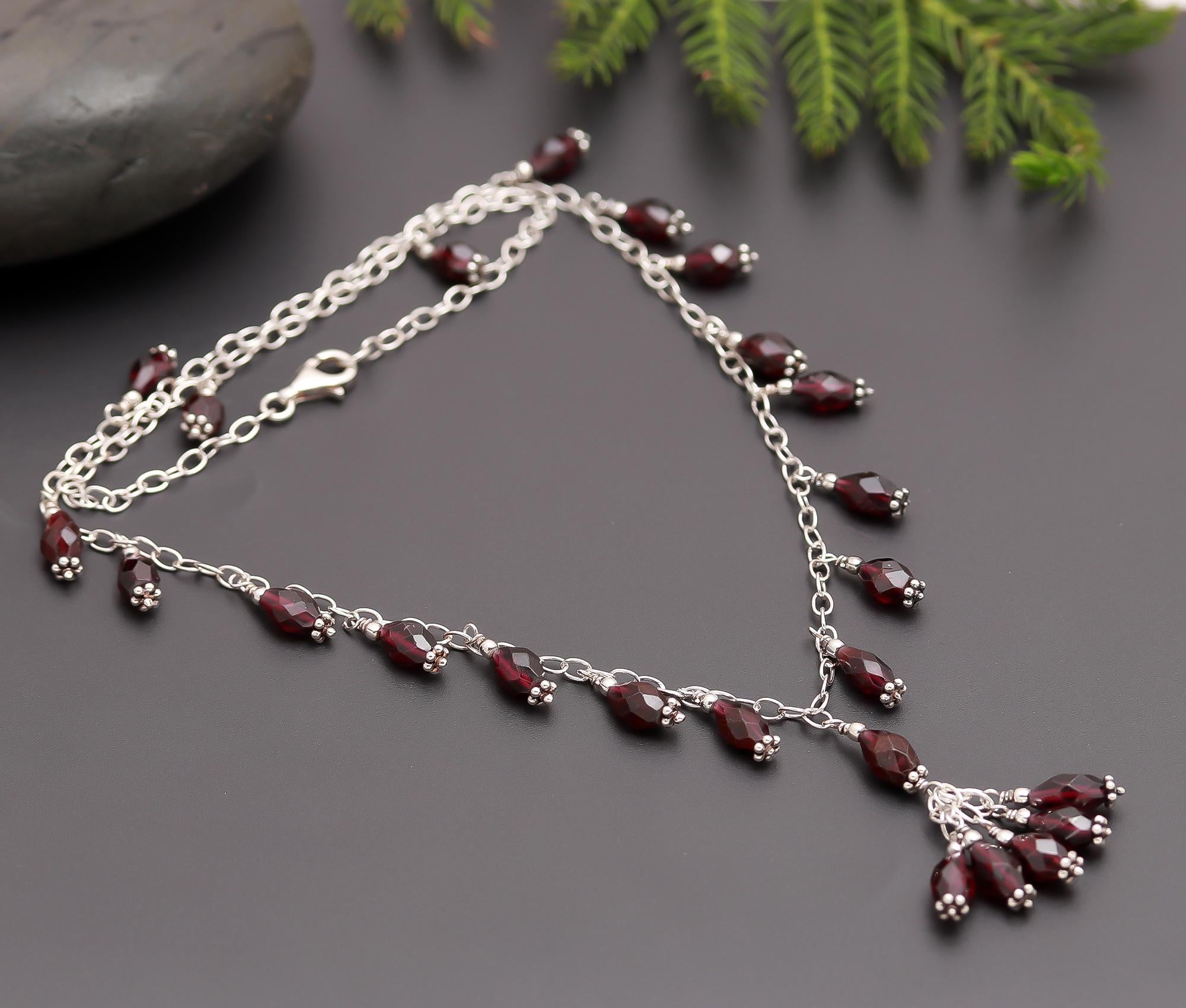 925 Silver Garnet Cluster Drop Necklace