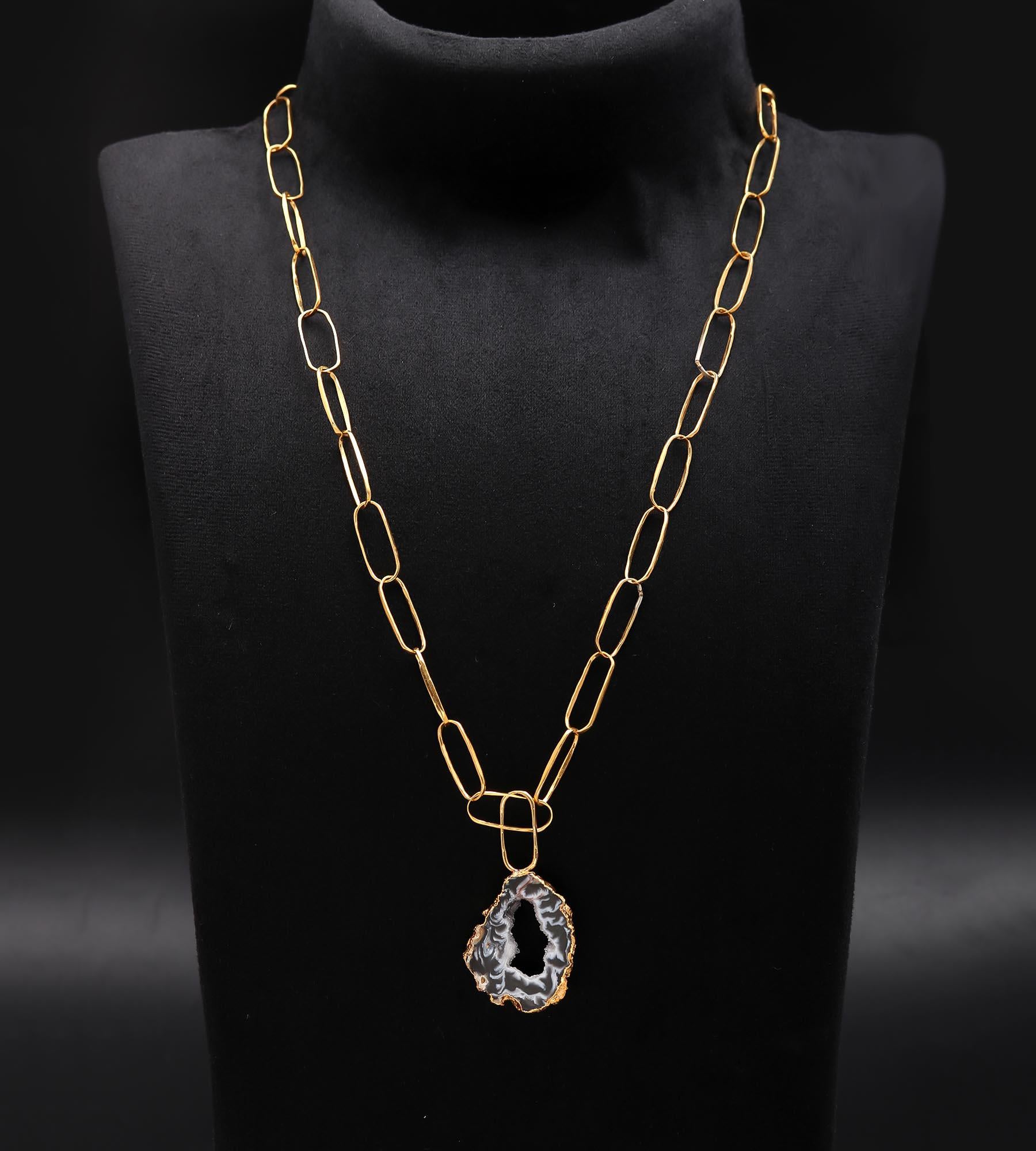 The Midnight Geode: Black Agate Slice & Gold Paperclip Chain Necklace