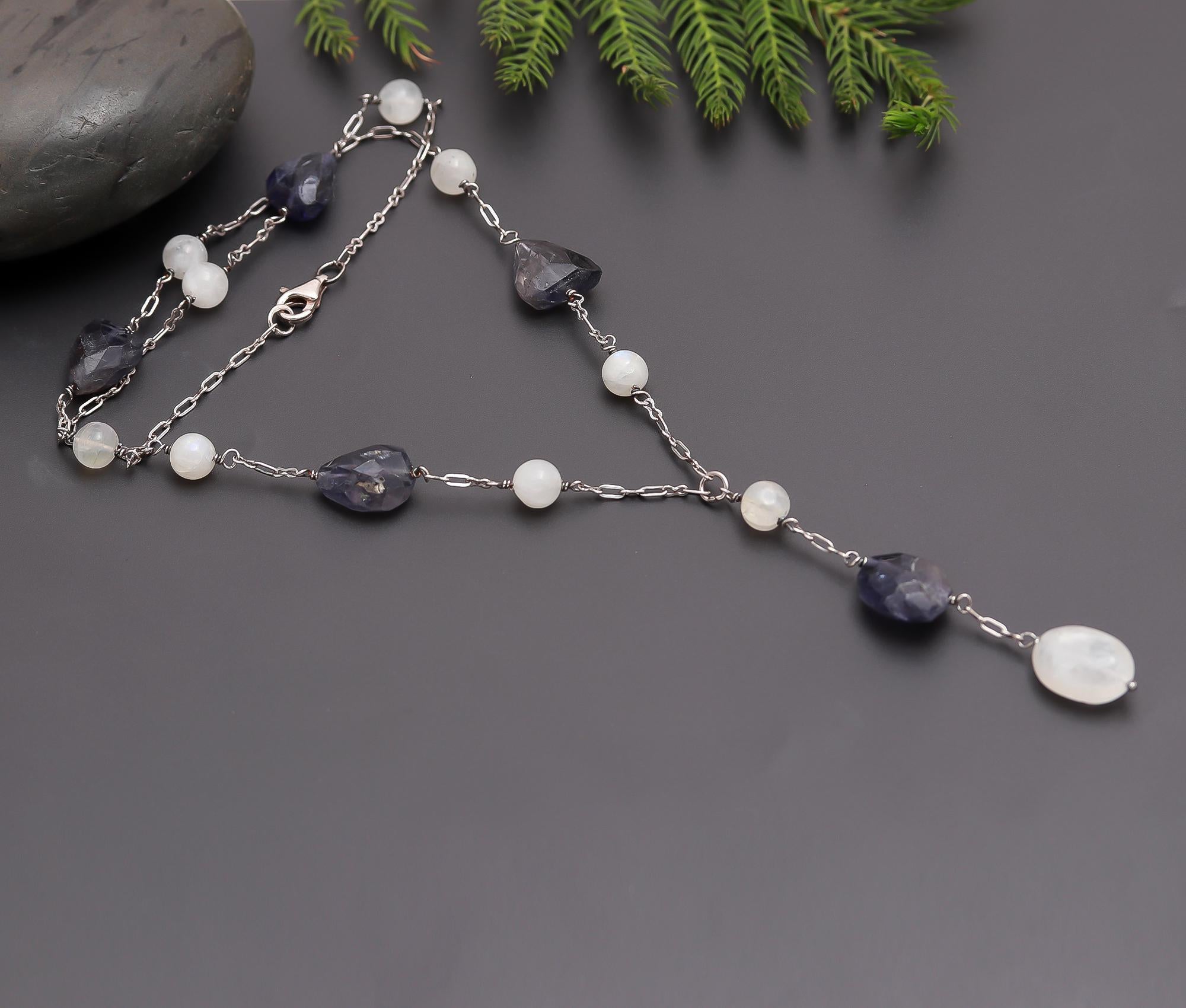 925 Silver Iolite and Moonstone Beads Necklace