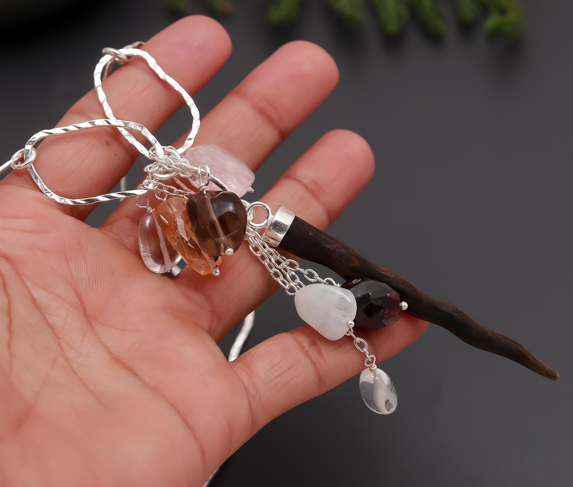 925 Silver Mixed Gemstones Horn Tusk Pendant Necklace