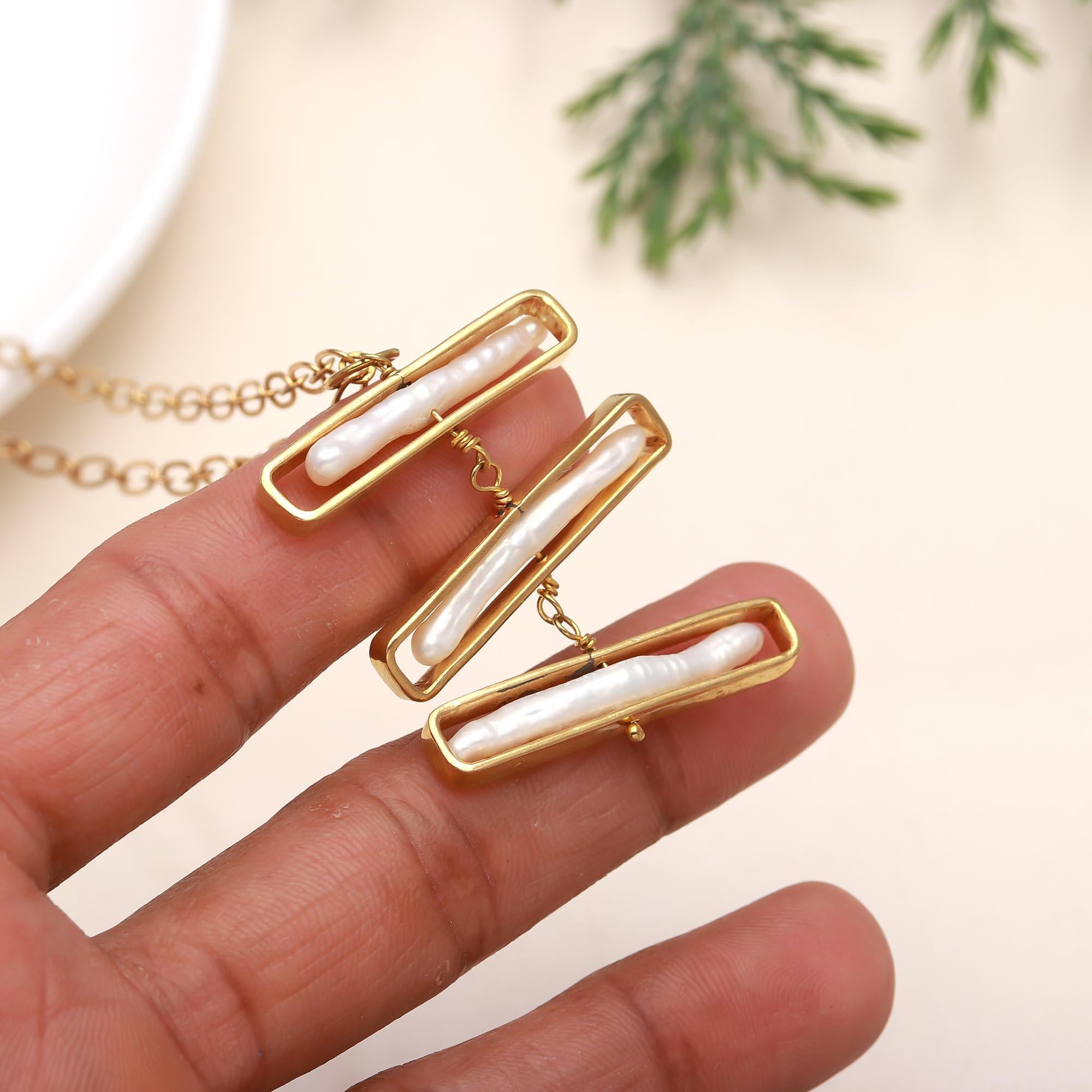 The Luminous Tier: Biwa Pearl & Gold Geometric Necklace