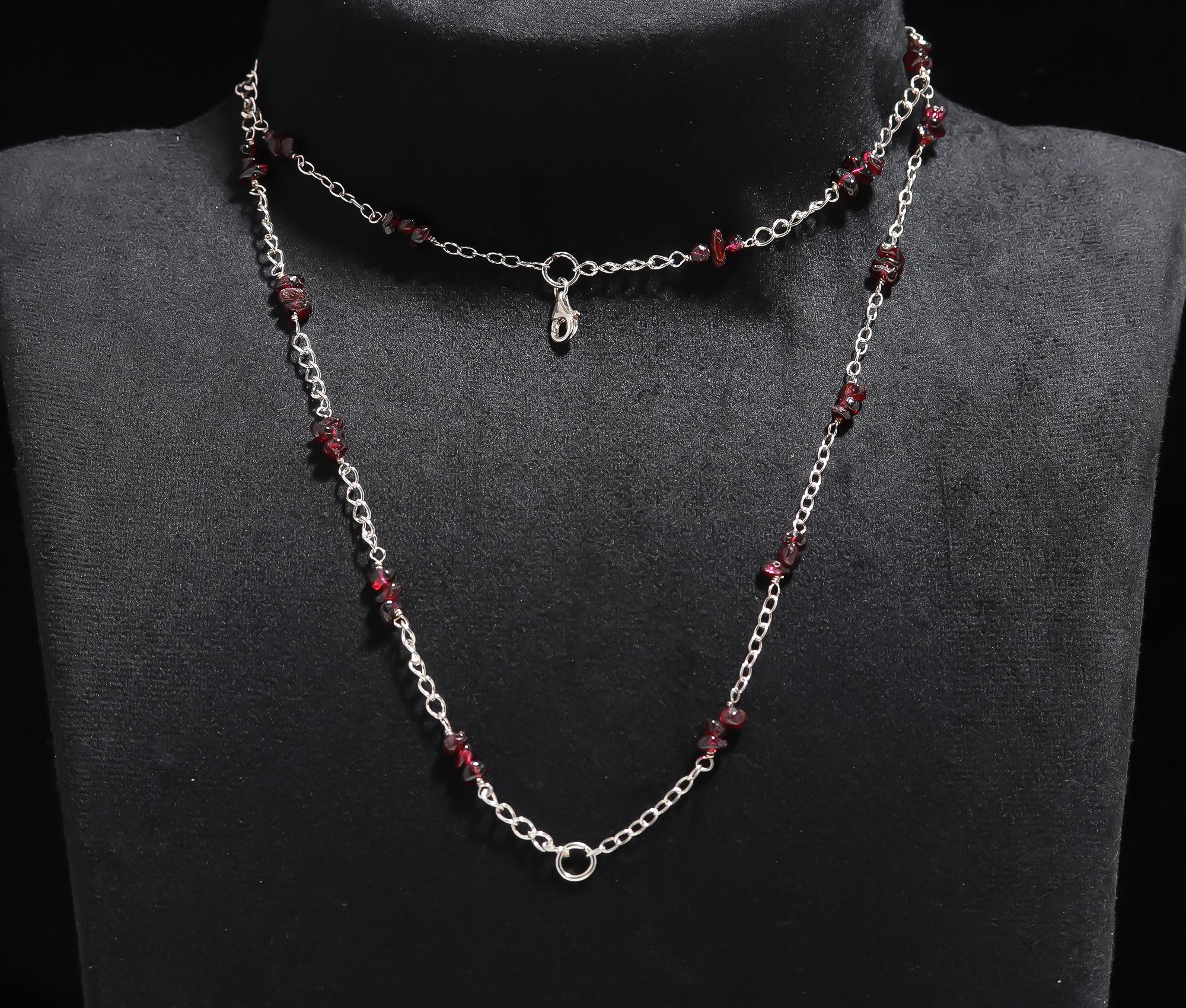 925 Silver Garnet Beaded Layered Chain Necklace