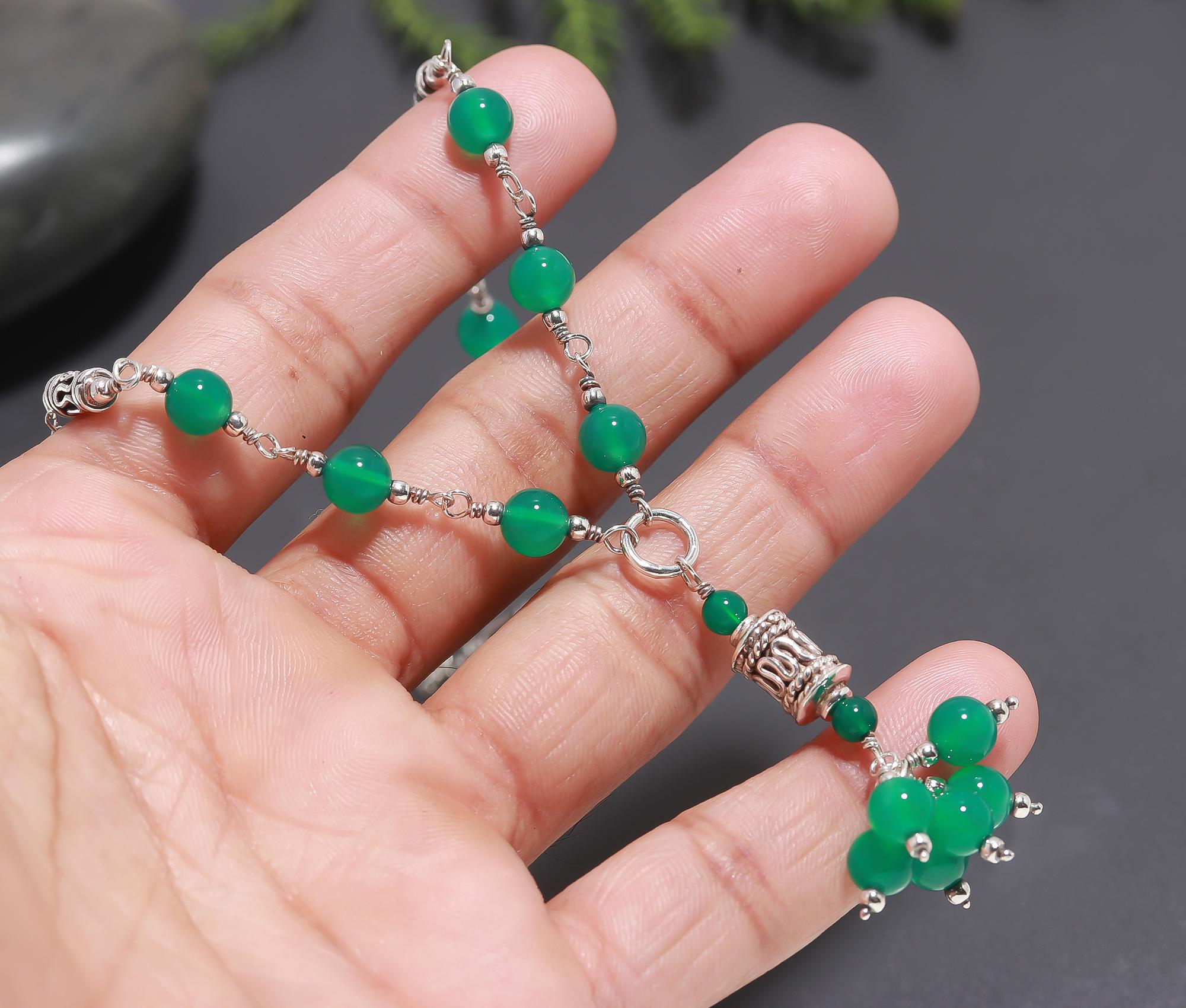 925 Silver Green Onyx Beaded Pendant Necklace