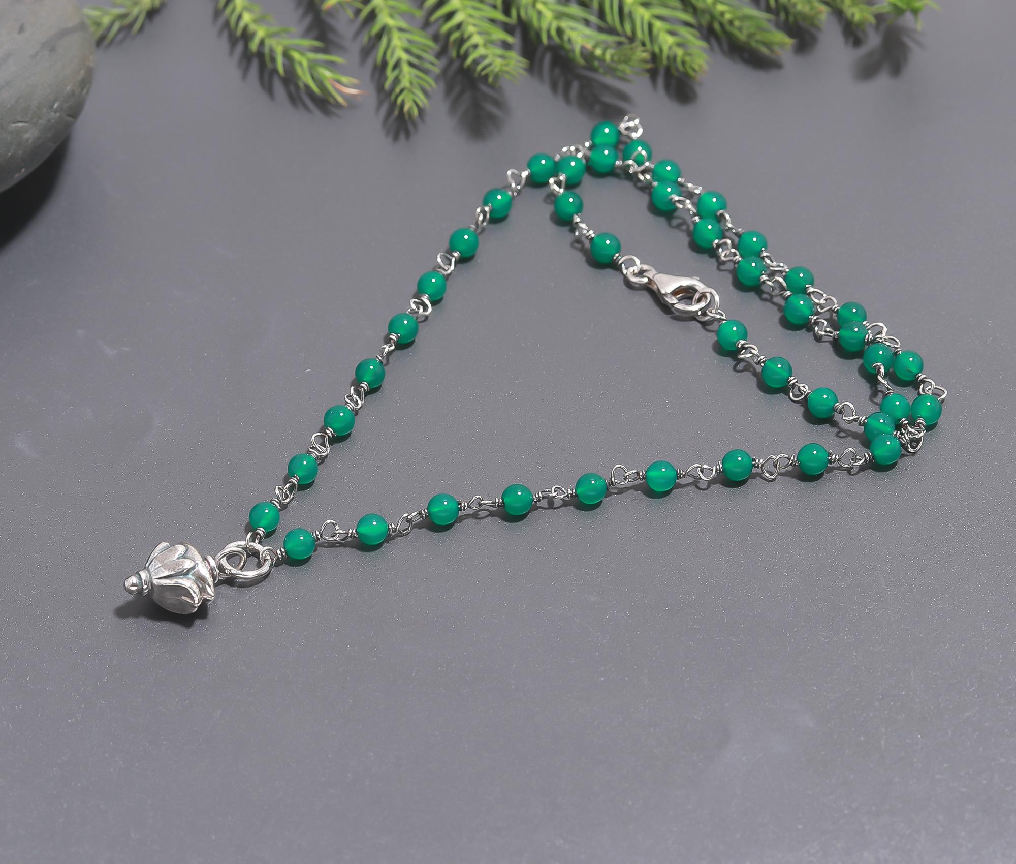 925 Silver Green Onyx Beaded Pendant Necklace