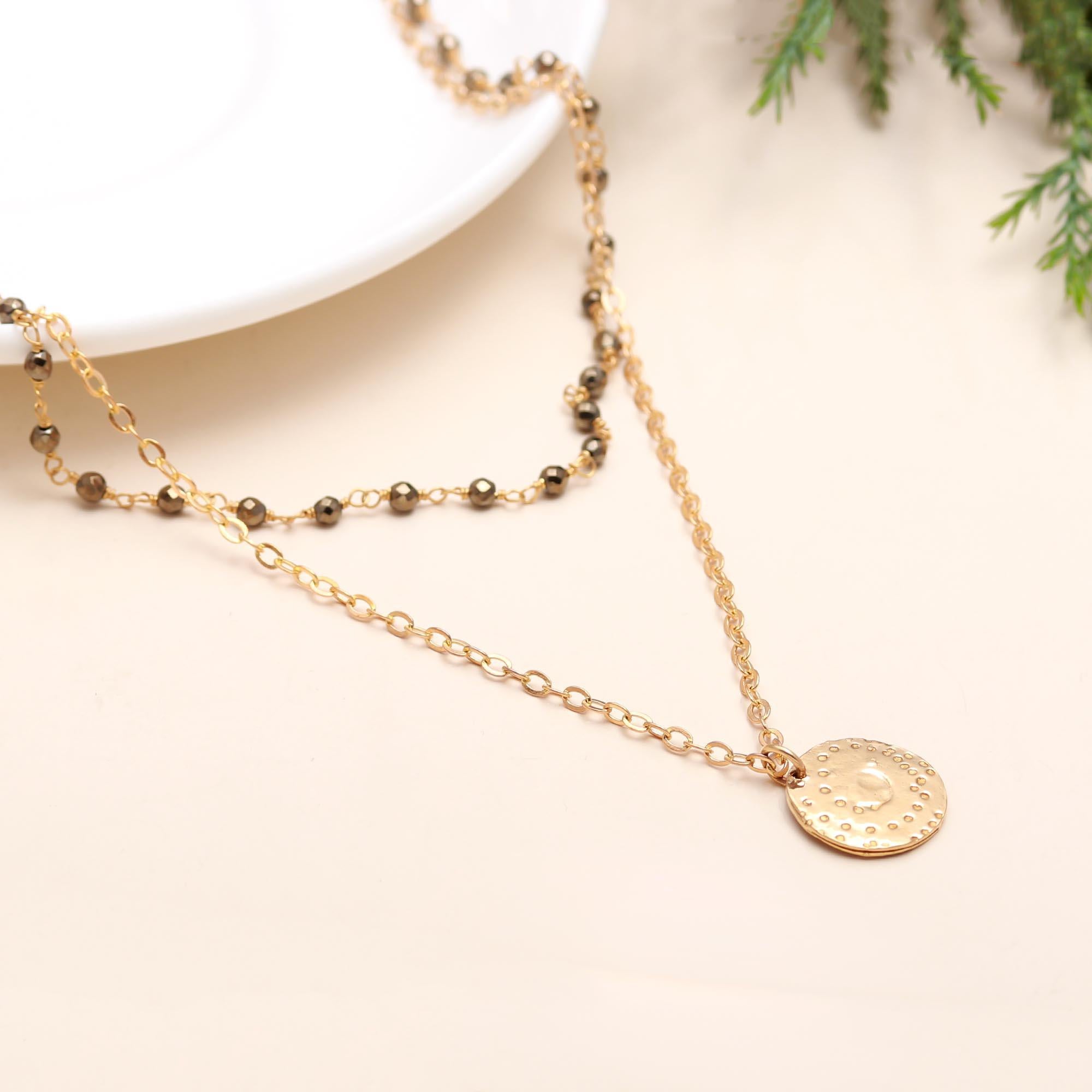 Brass Coin Necklace with Pyrite Gemstone