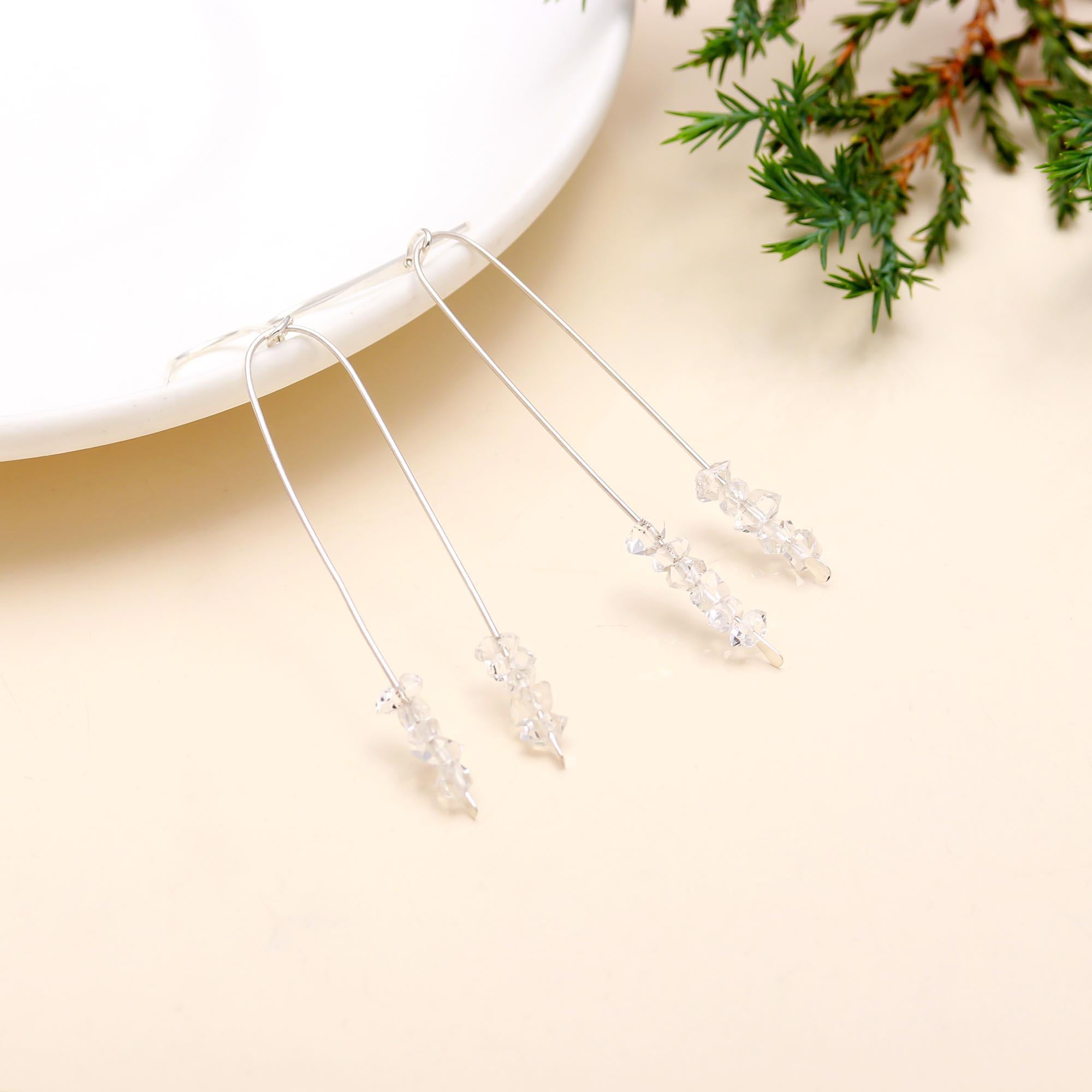 The Icy Arch: Raw Herkimer Diamond & Silver Linear Earrings