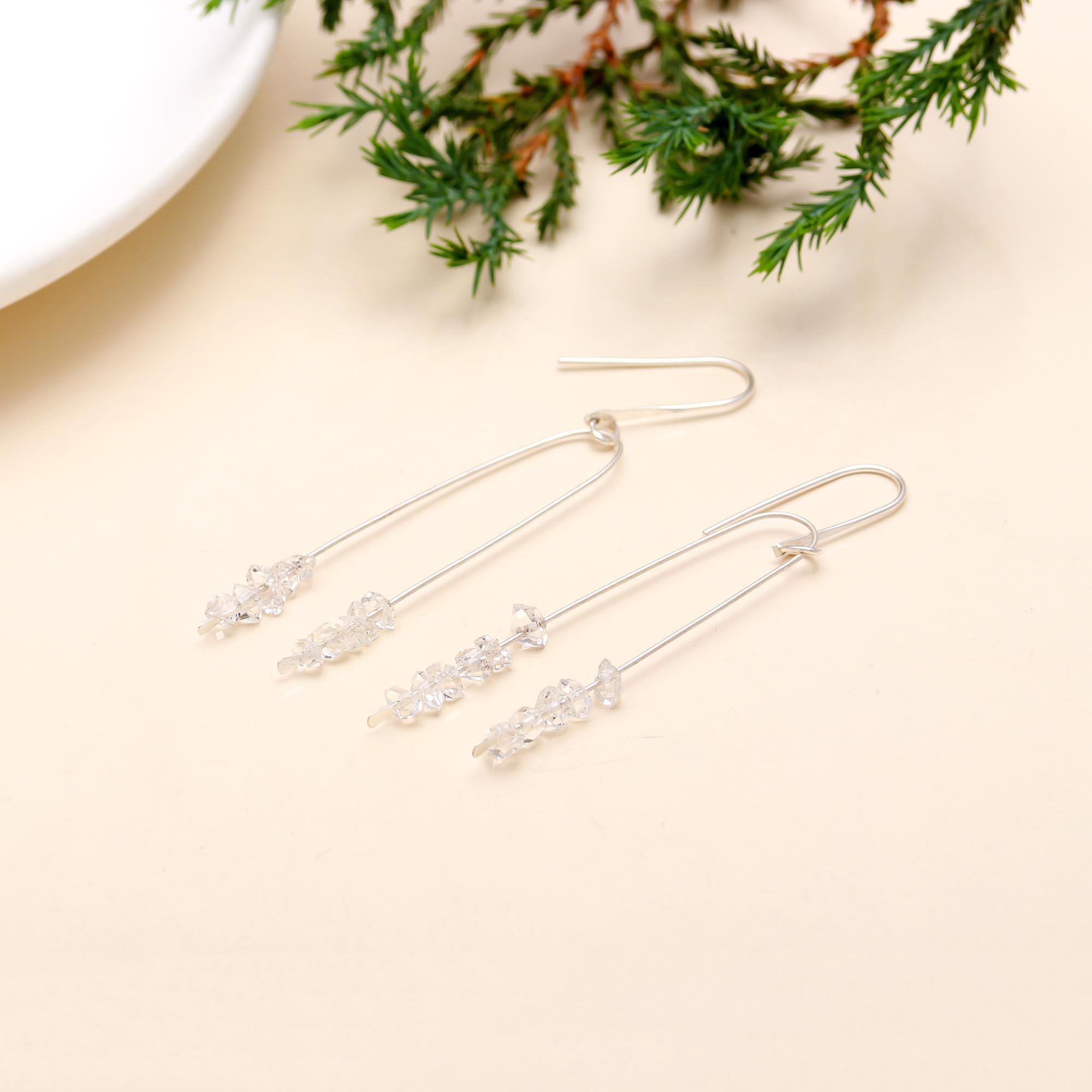 The Icy Arch: Raw Herkimer Diamond & Silver Linear Earrings