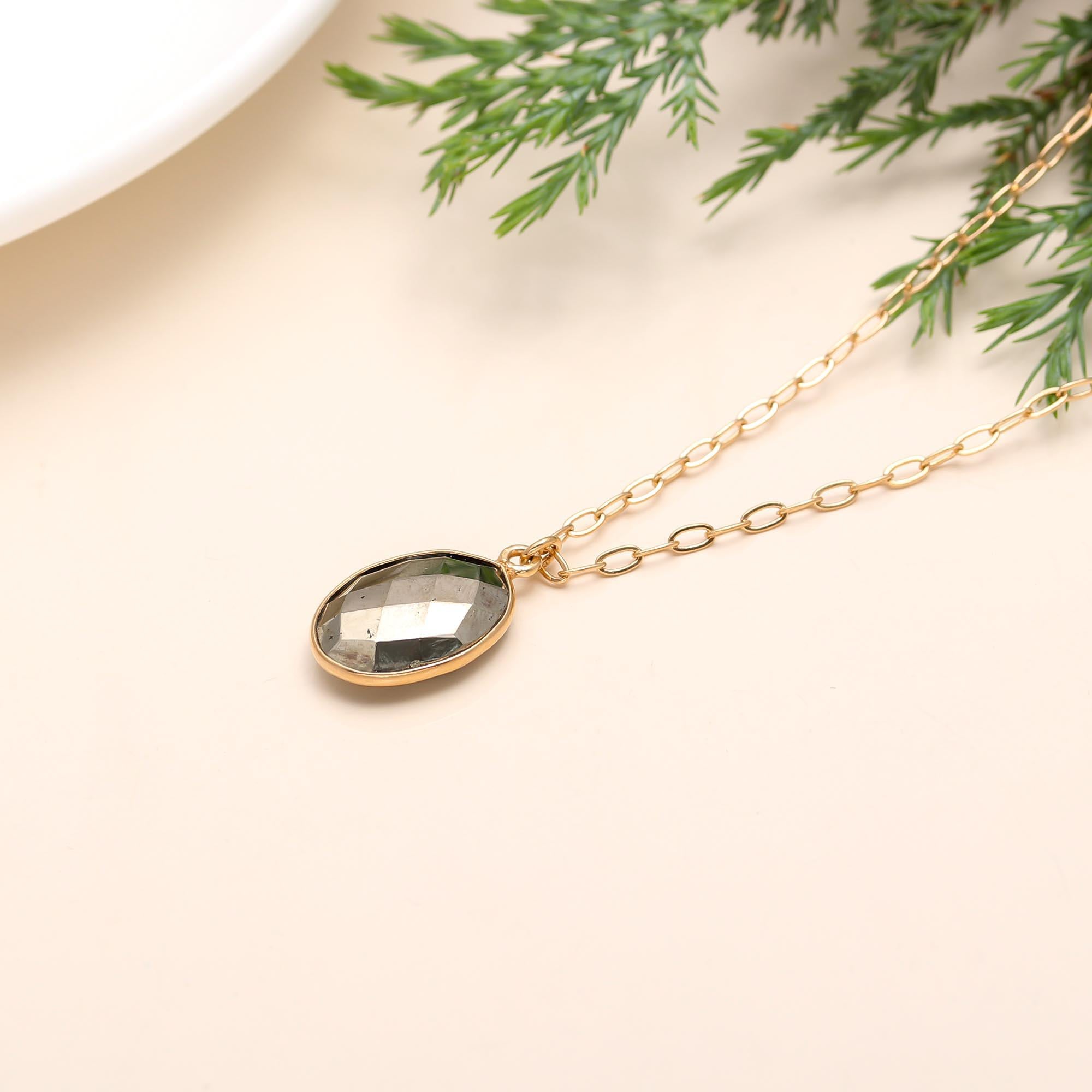 The Gilded Mirror: Faceted Pyrite Oval Necklace
