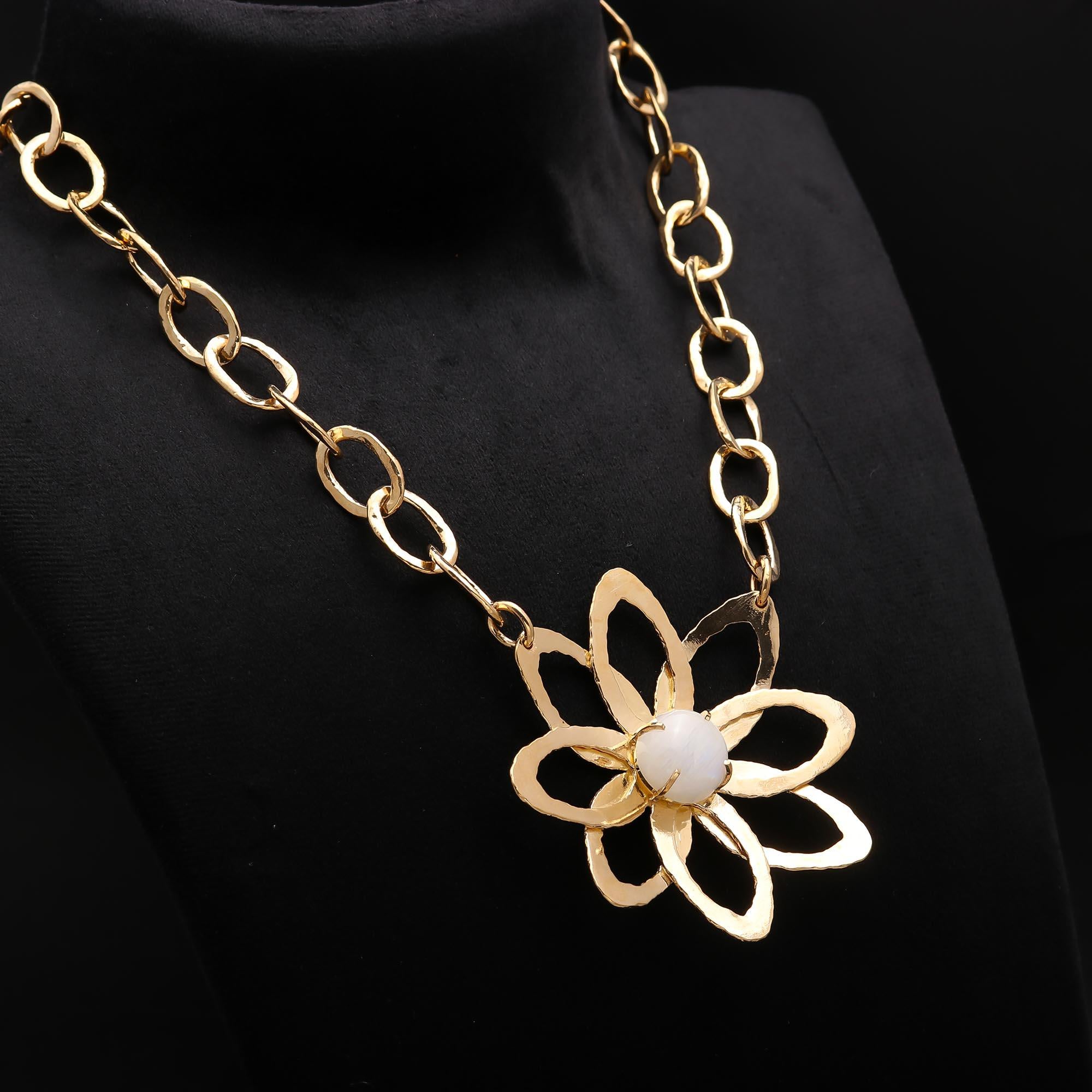 The White Lotus: Open Work Flower & Moonstone Necklace