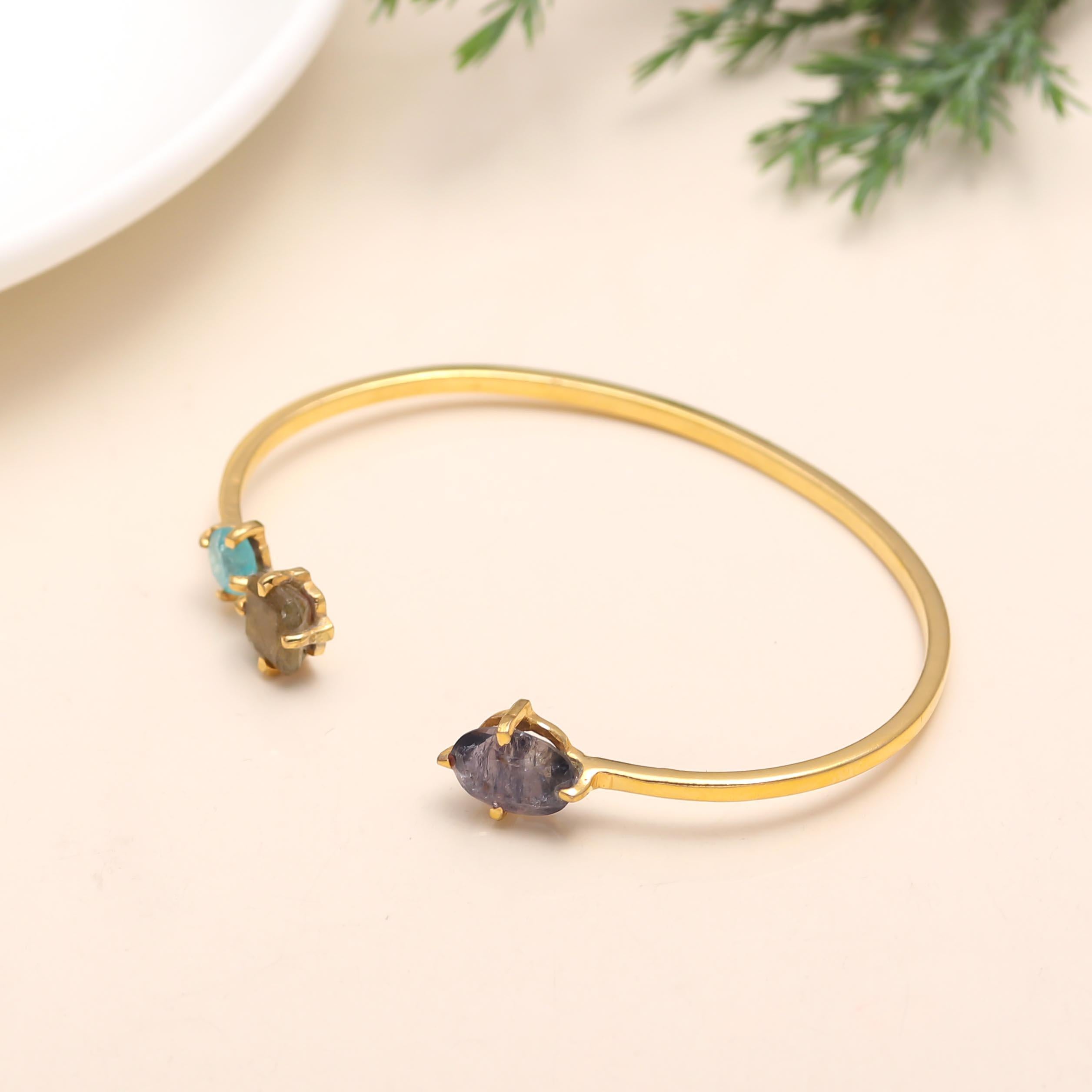 The Elemental Trio: Raw Multi-Gemstone Gold Cuff