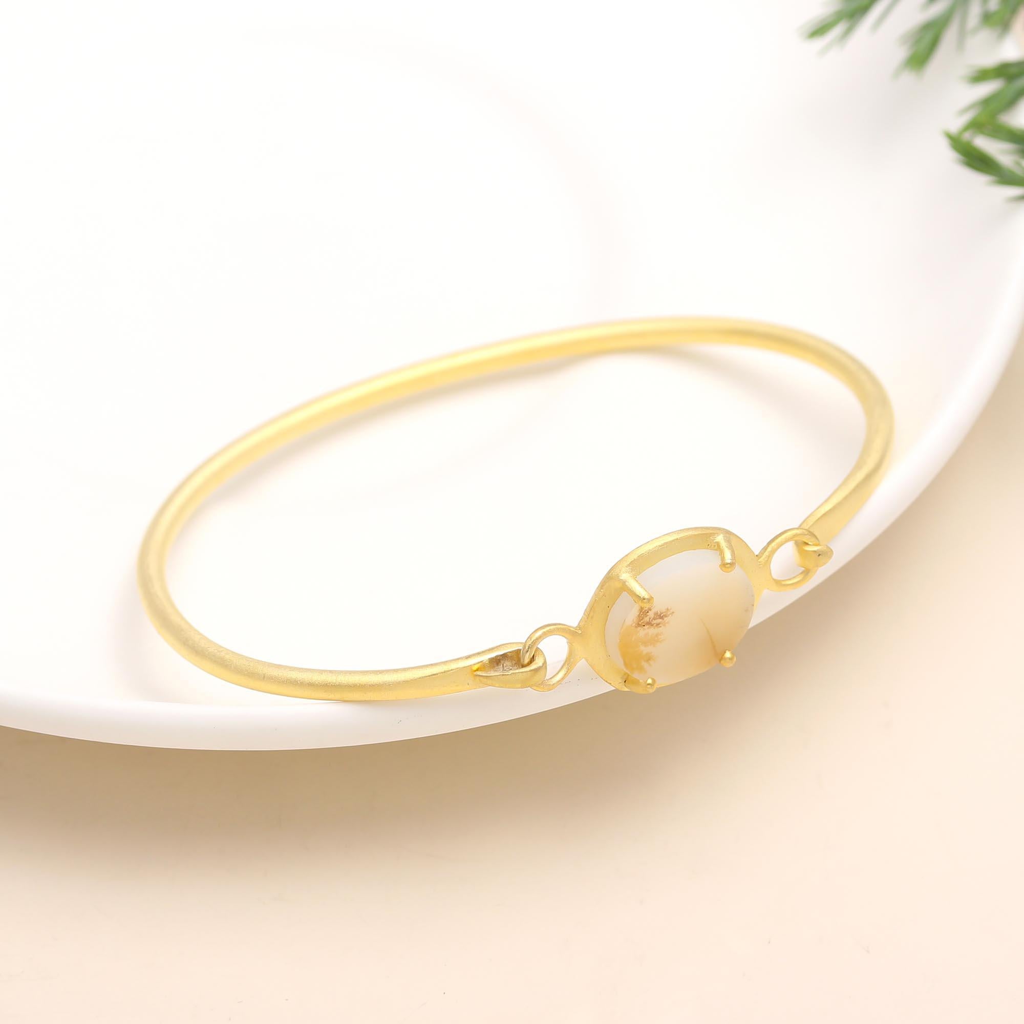 The Ethereal Canvas: White Dendritic Agate Gold Vermeil Bangle