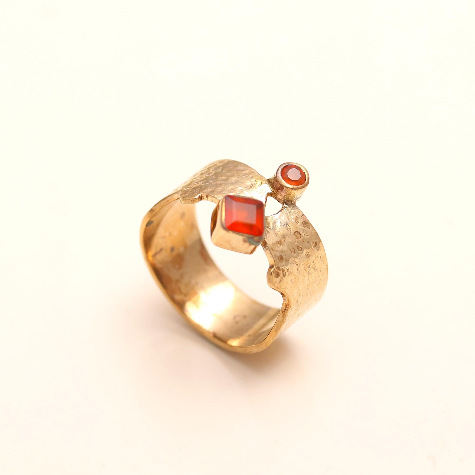 The Rustic Carnelian Shield: Wide Hammered Multi-Stone Ring