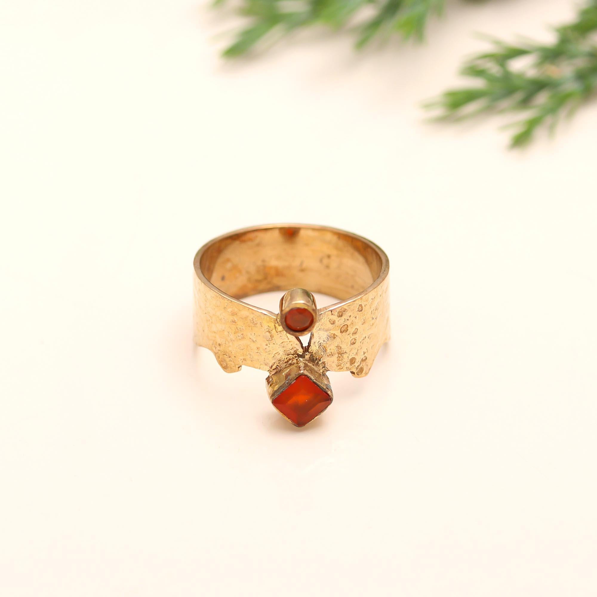 The Rustic Carnelian Shield: Wide Hammered Multi-Stone Ring