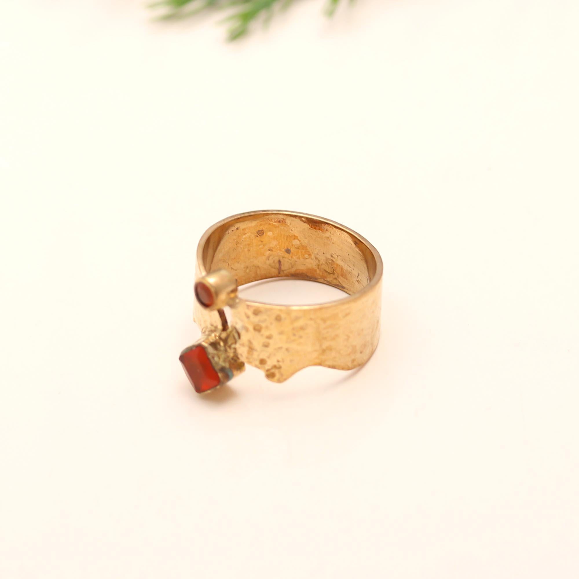 The Rustic Carnelian Shield: Wide Hammered Multi-Stone Ring