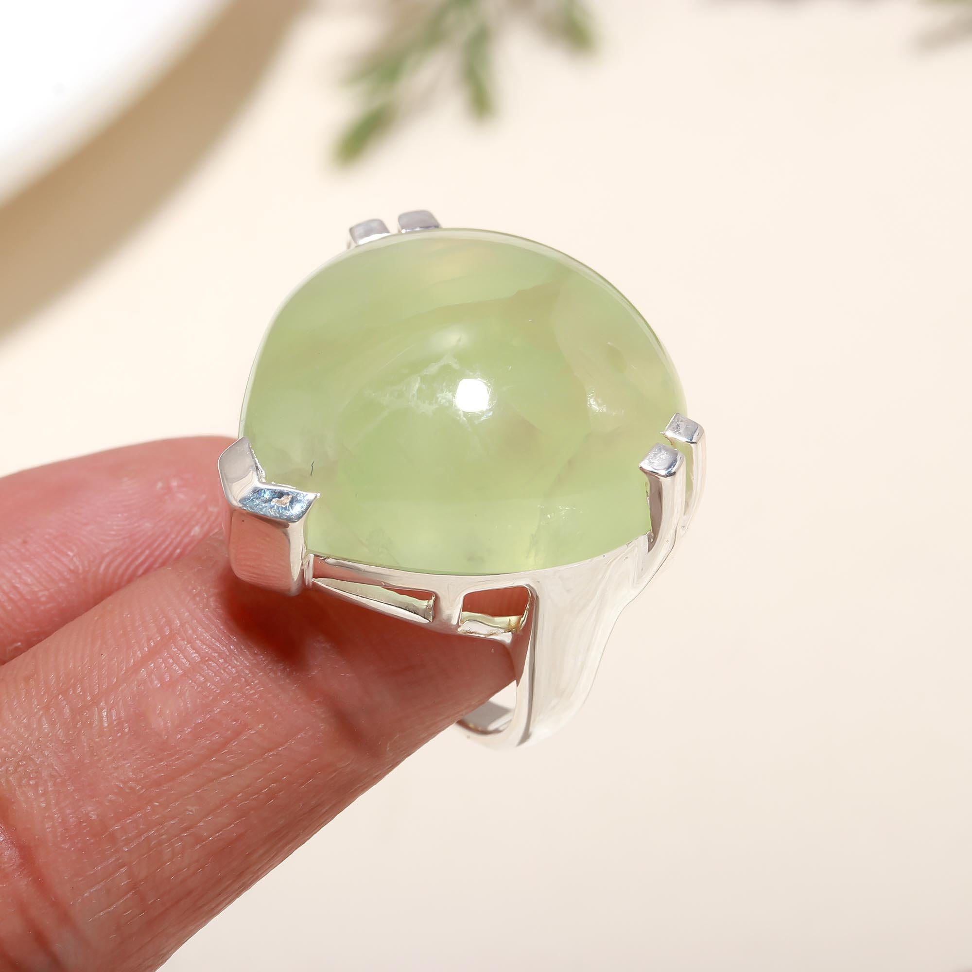 925 Silver Large Green Prehnite Ring