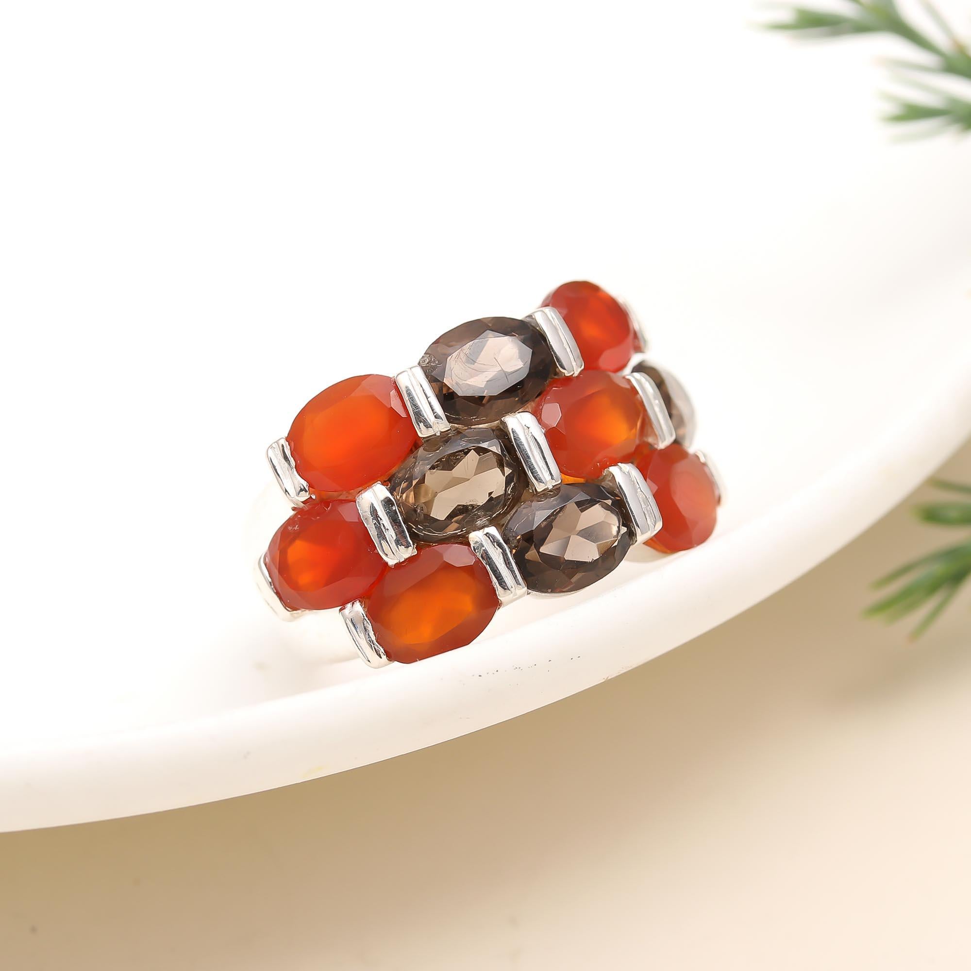 925 Silver Carnelian and Smoky Quartz Ring