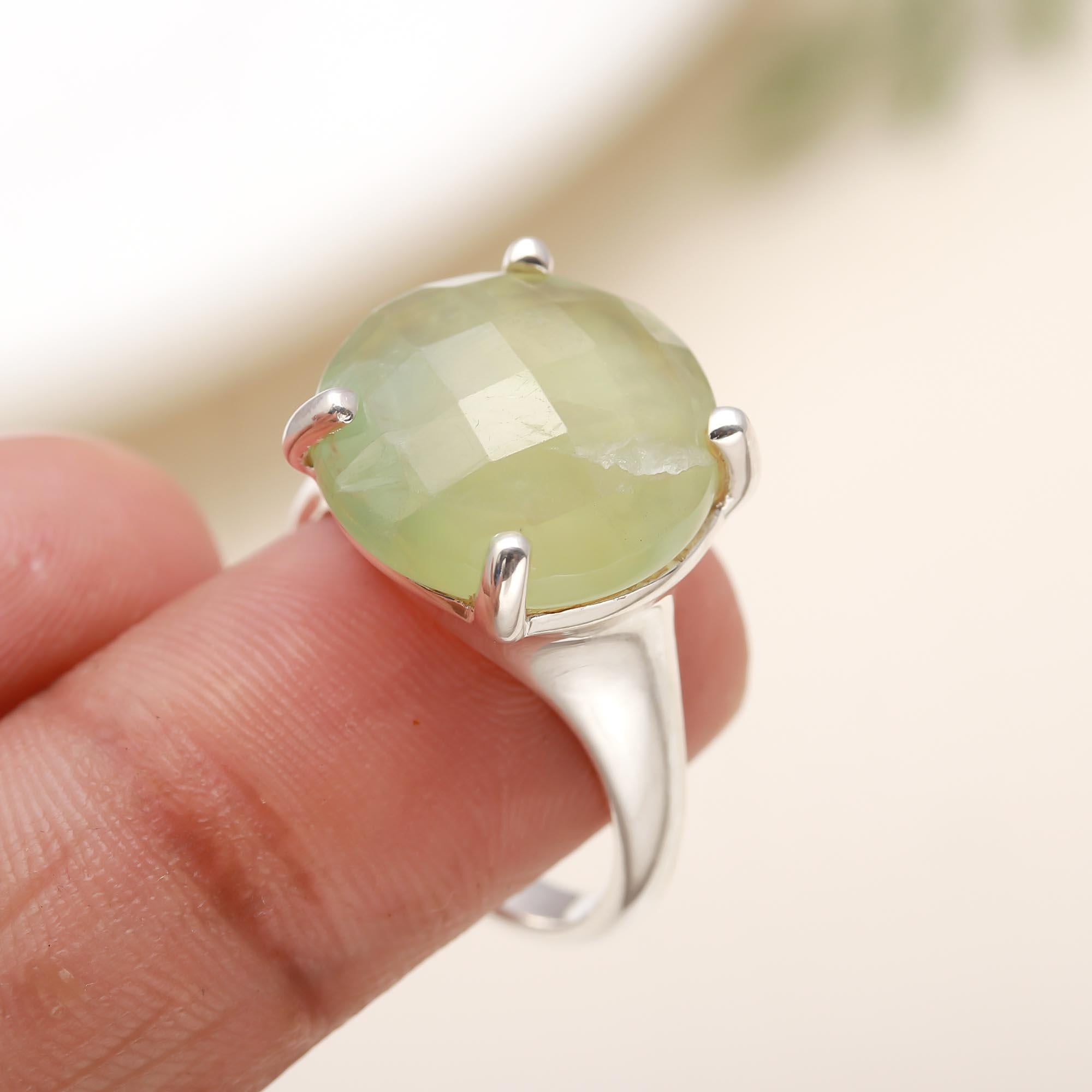 925 Silver Round Prehnite Ring