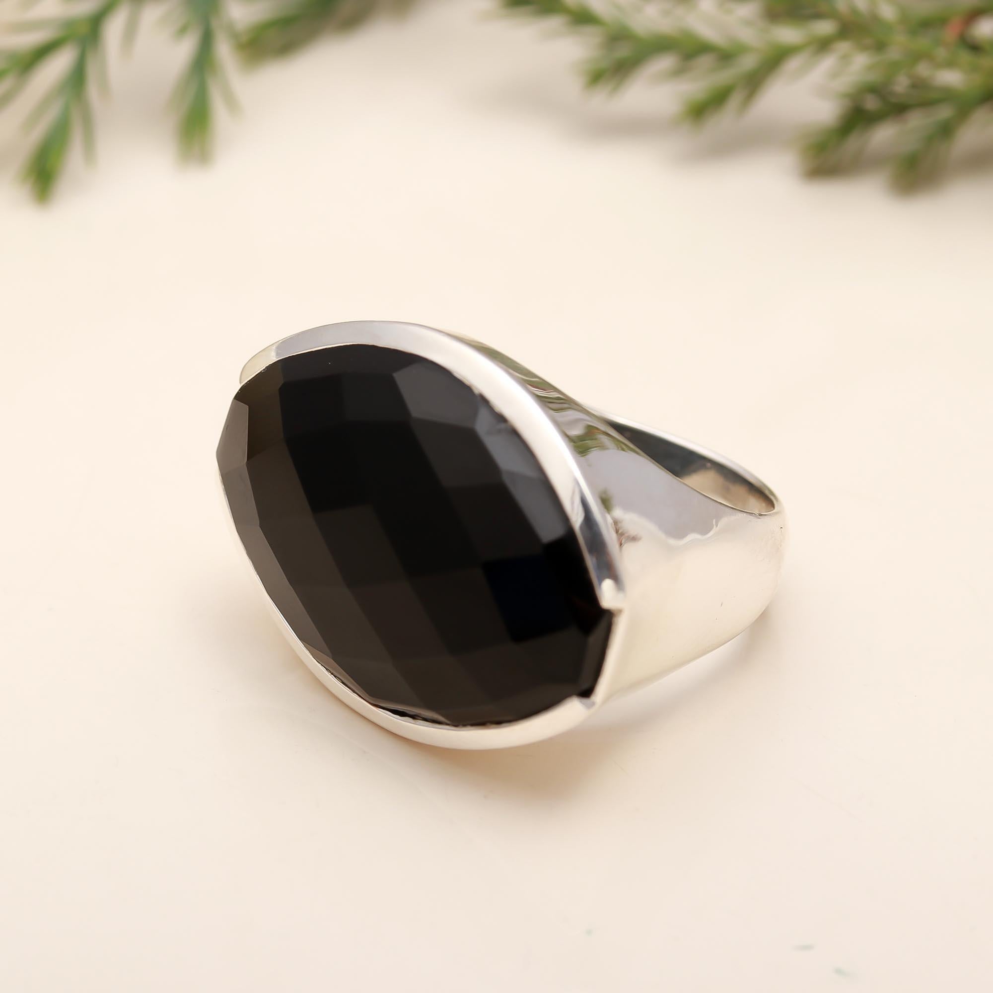925 Silver Faceted Black Onyx Ring