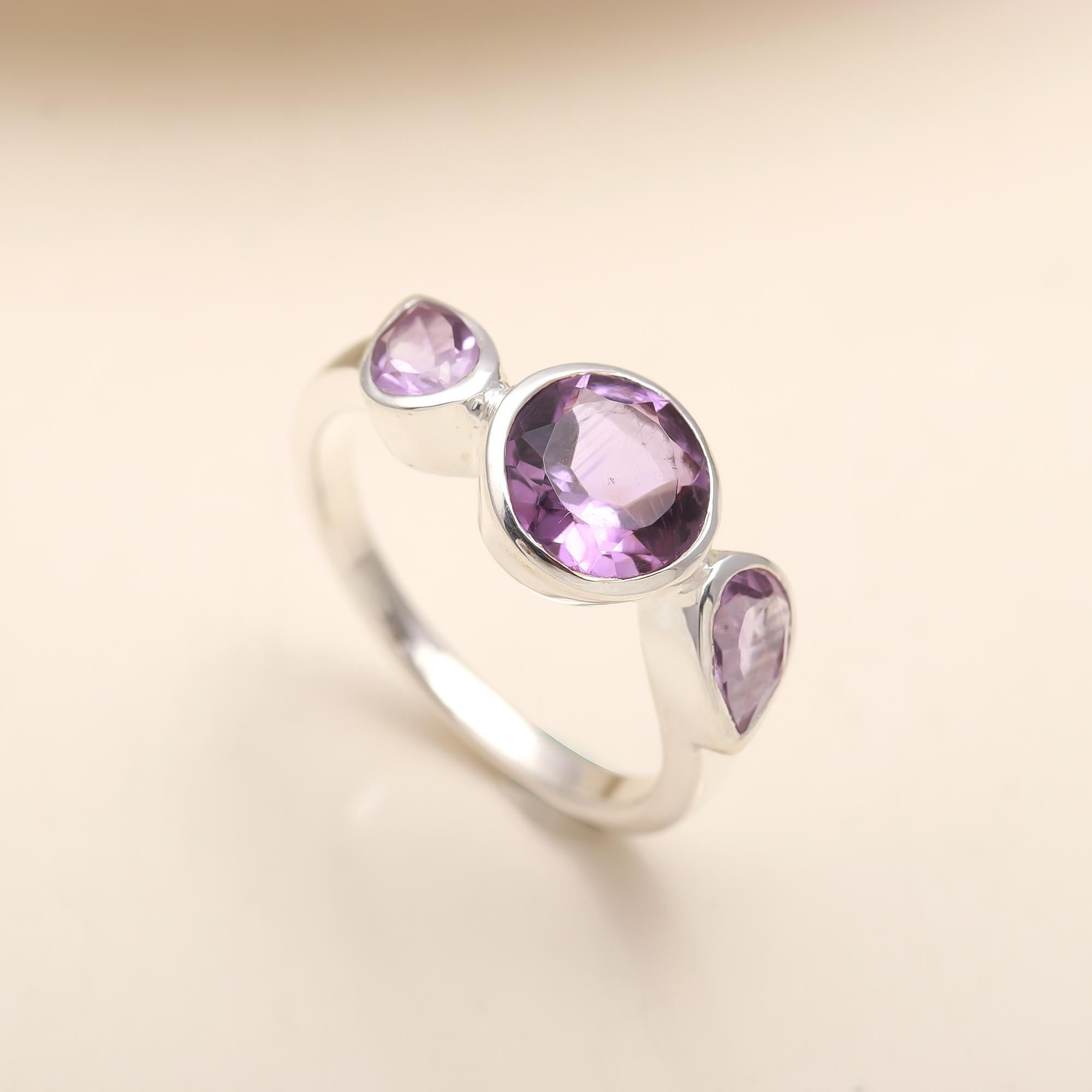 925 Silver Triple Amethyst Ring