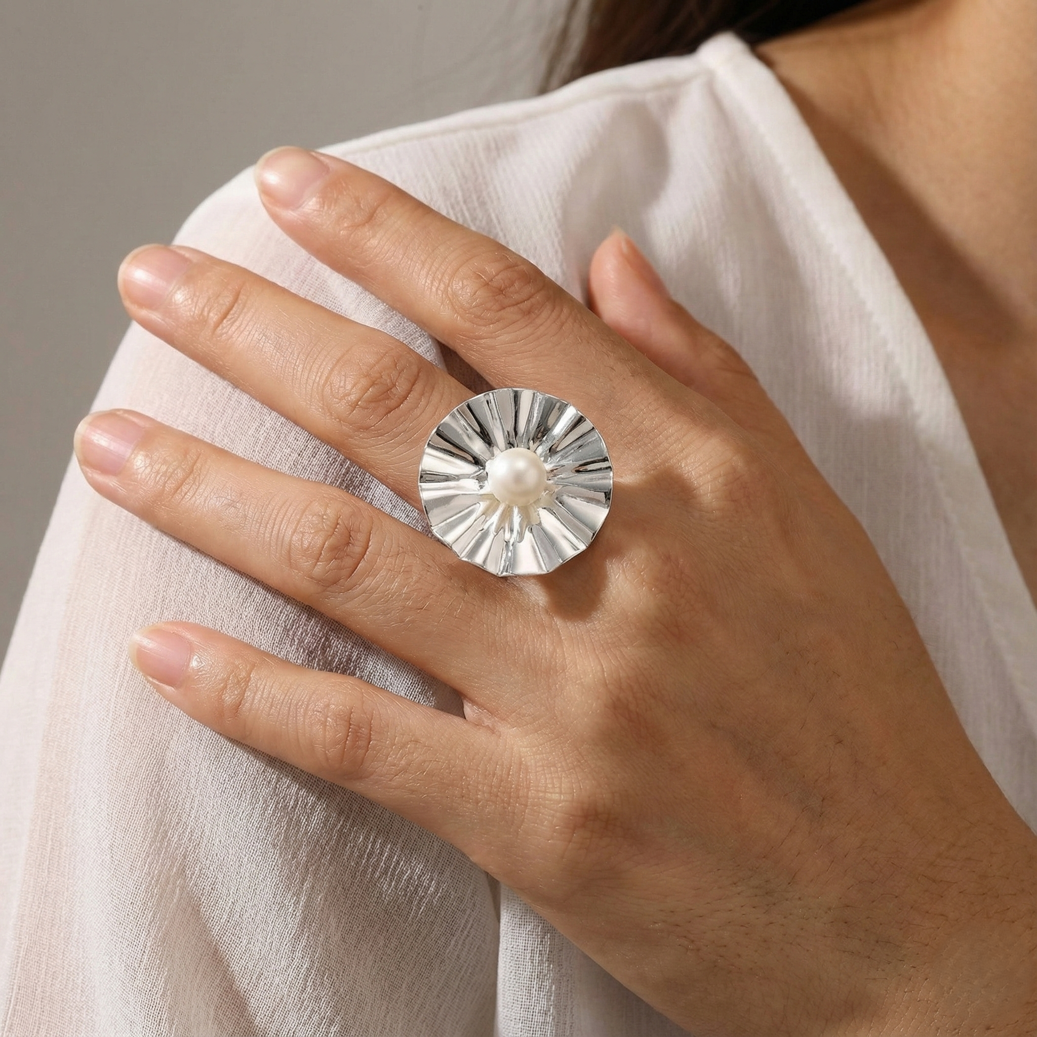 925 Silver Pearl Flower Ring