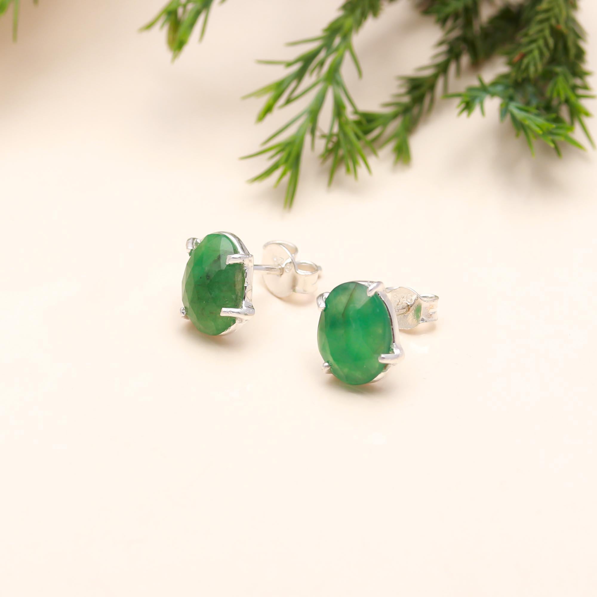 The Verdant Solitaire: Oval Green Agate Stud Earrings