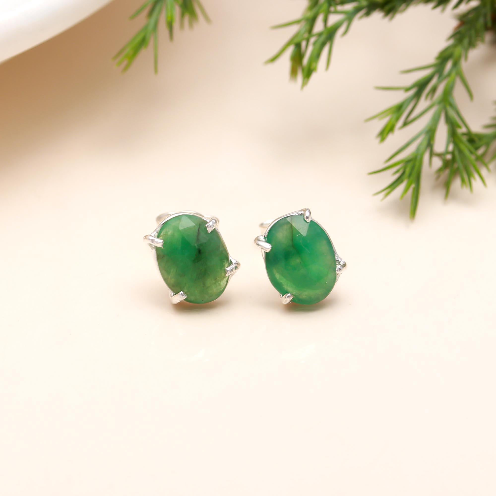 The Verdant Solitaire: Oval Green Agate Stud Earrings