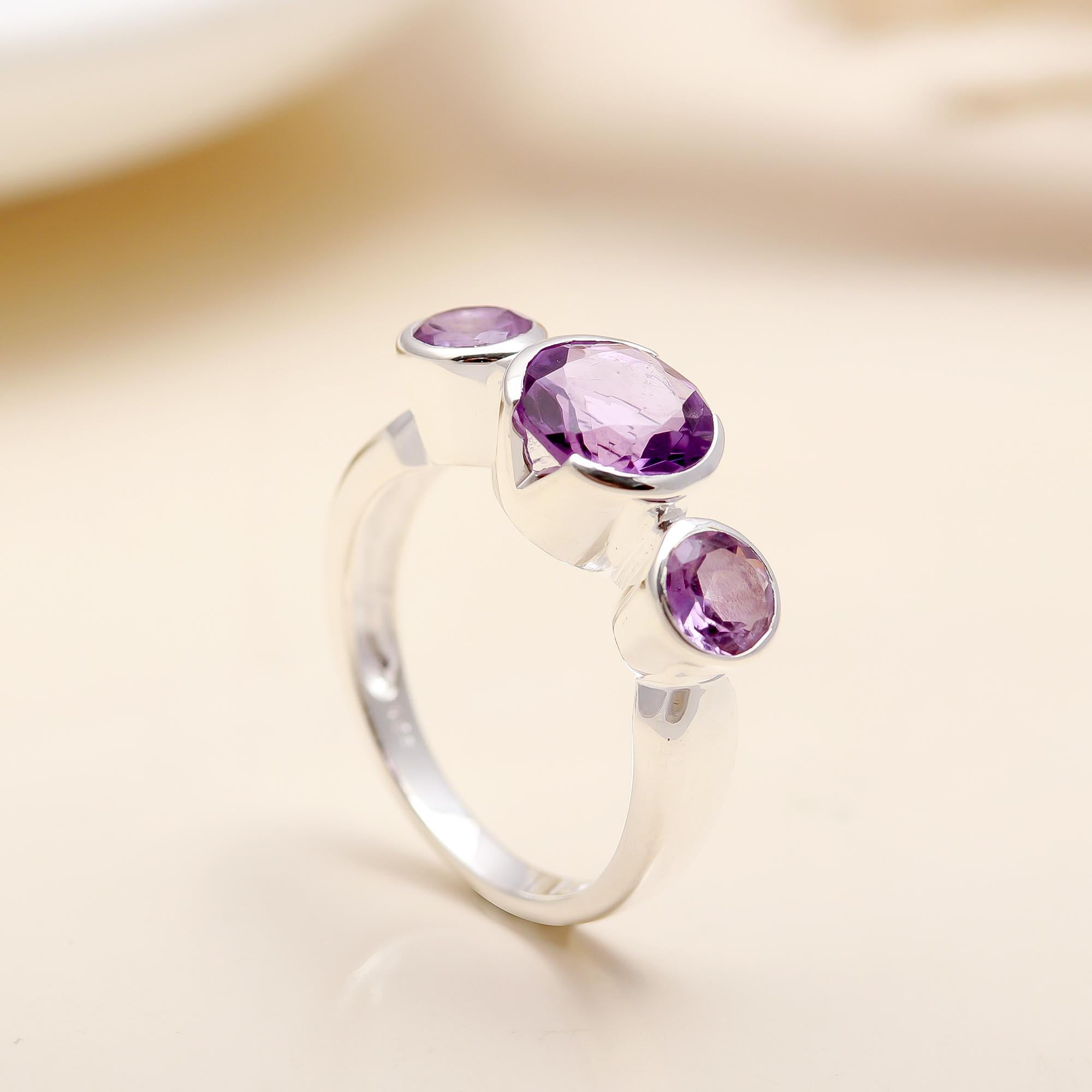 925 Silver Triple Amethyst Ring