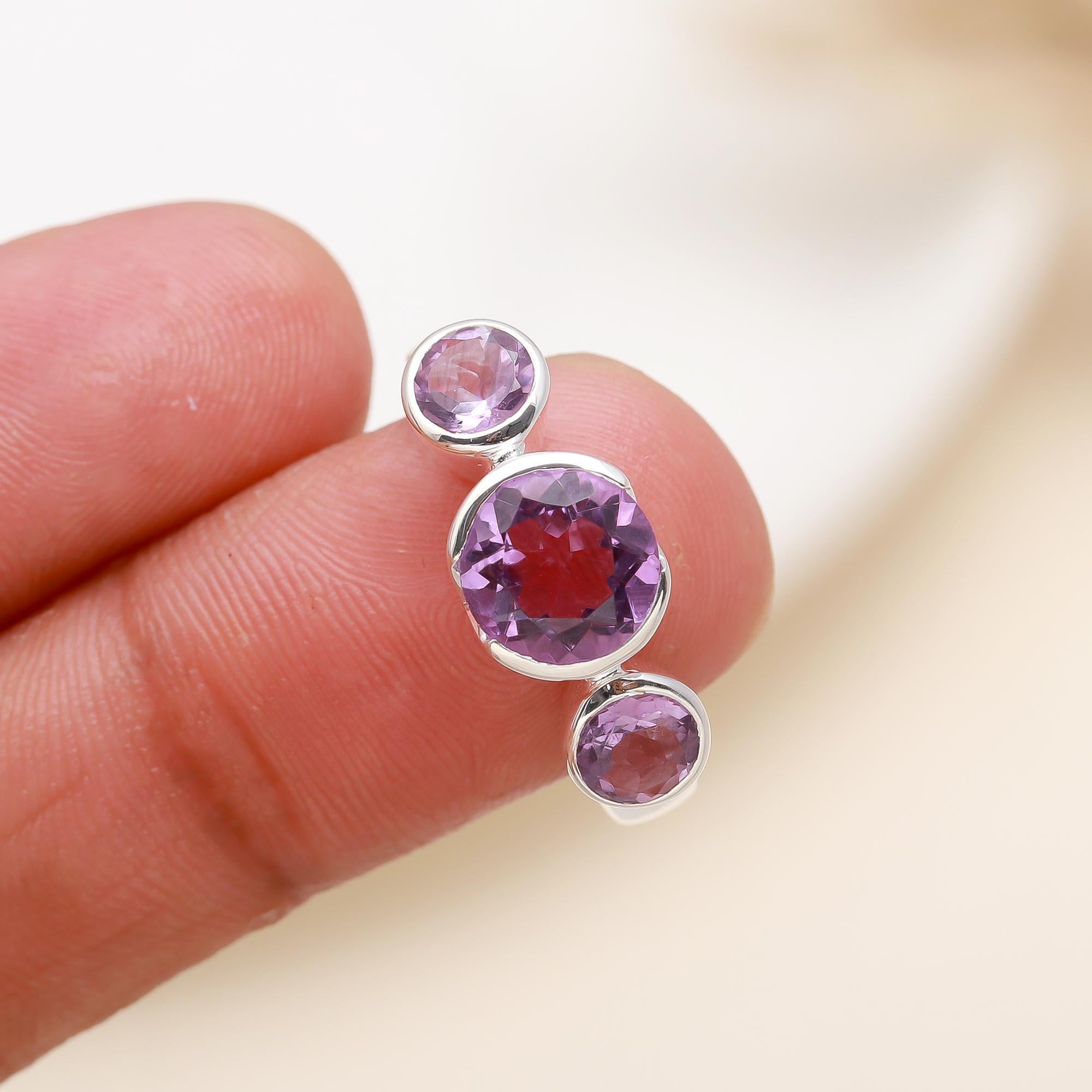 925 Silver Triple Amethyst Ring