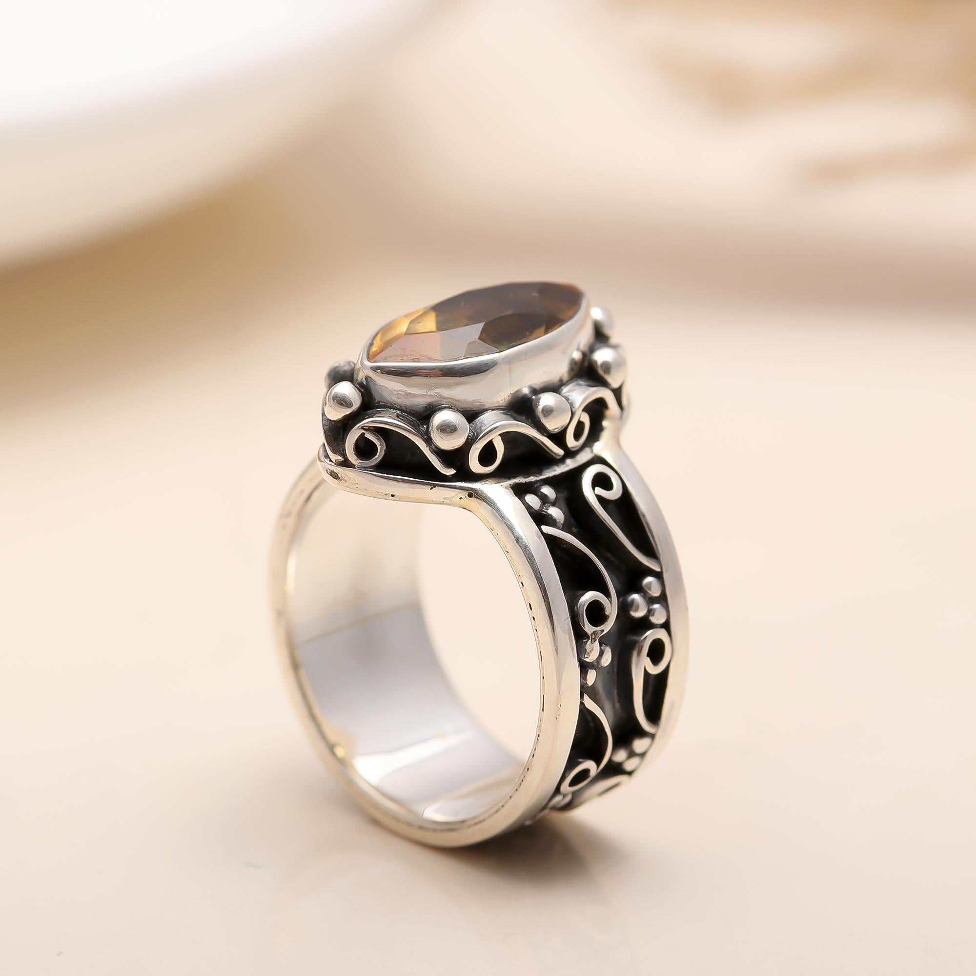 The Vintage Scroll: Citrine Oxidized Silver Filigree Ring