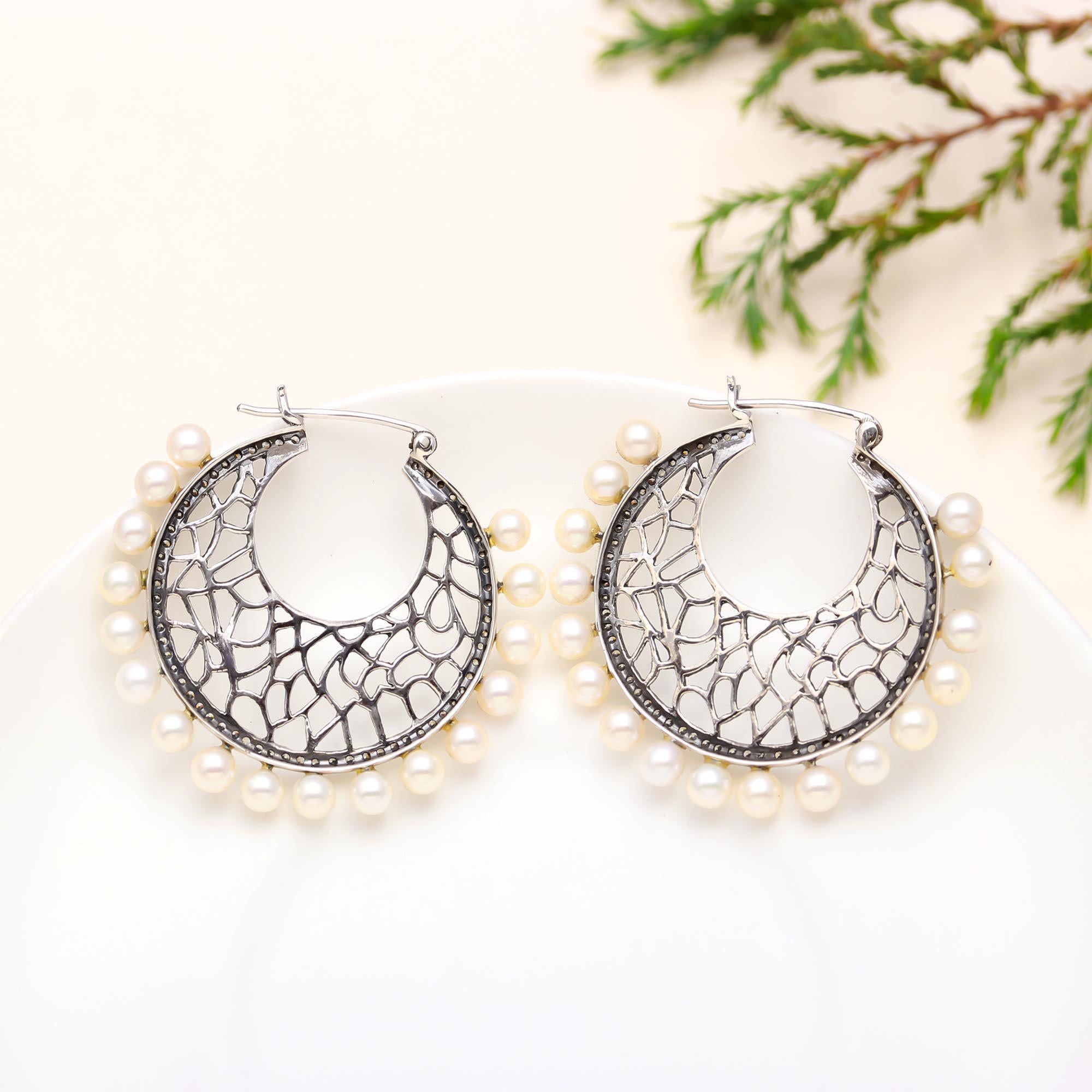 The Pearl Crescent: Filigree Silver & Pearl Hoops