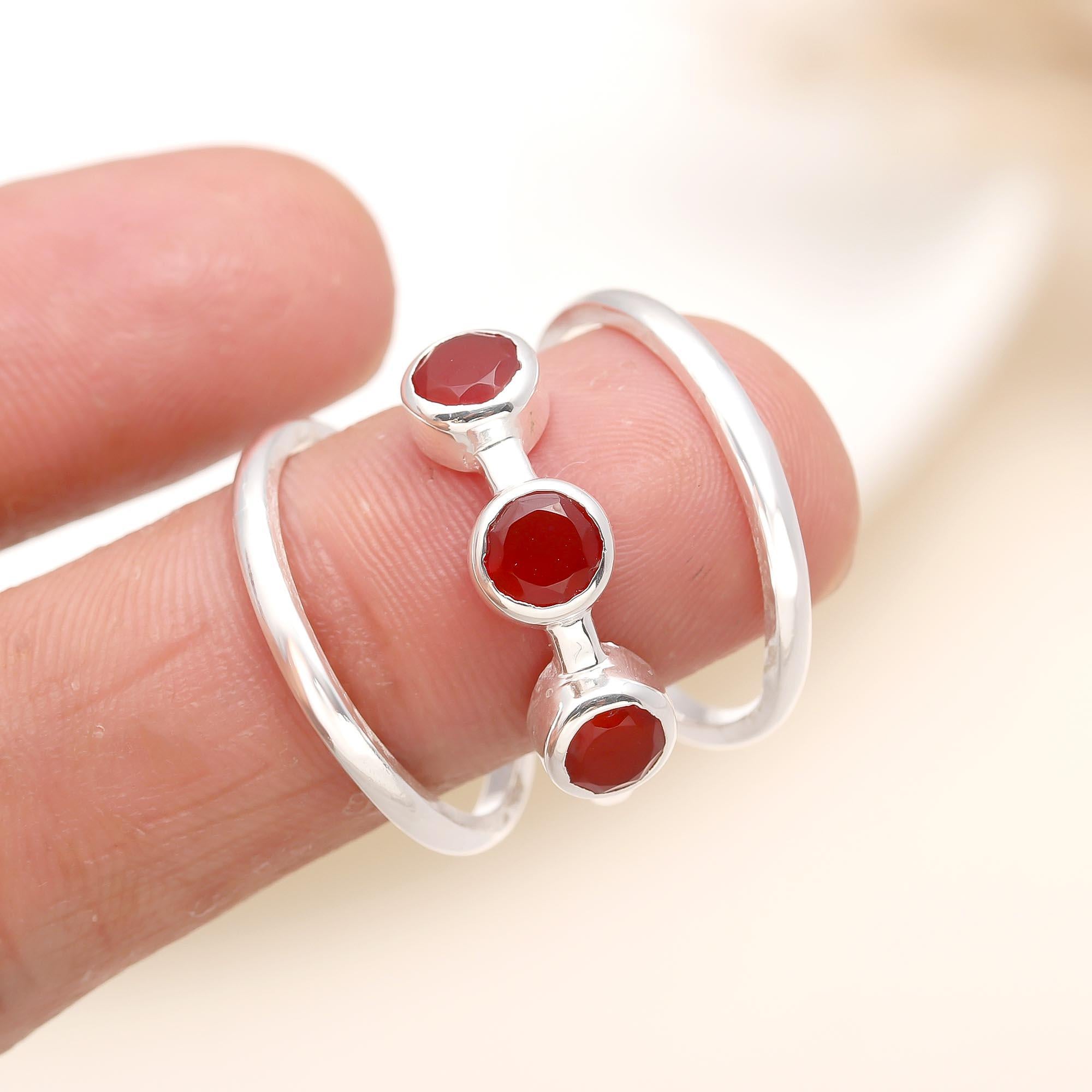 925 Silver Red Onyx Triple Band Ring