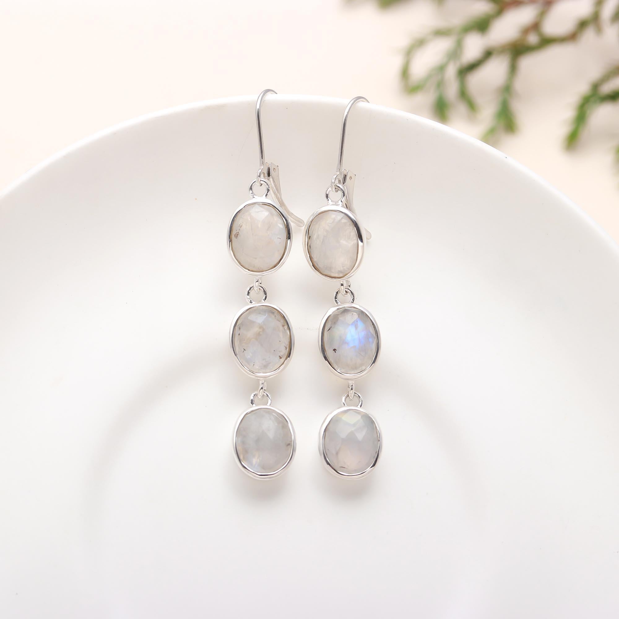 The Lunar Trio: Rainbow Moonstone & Silver Drop Earrings