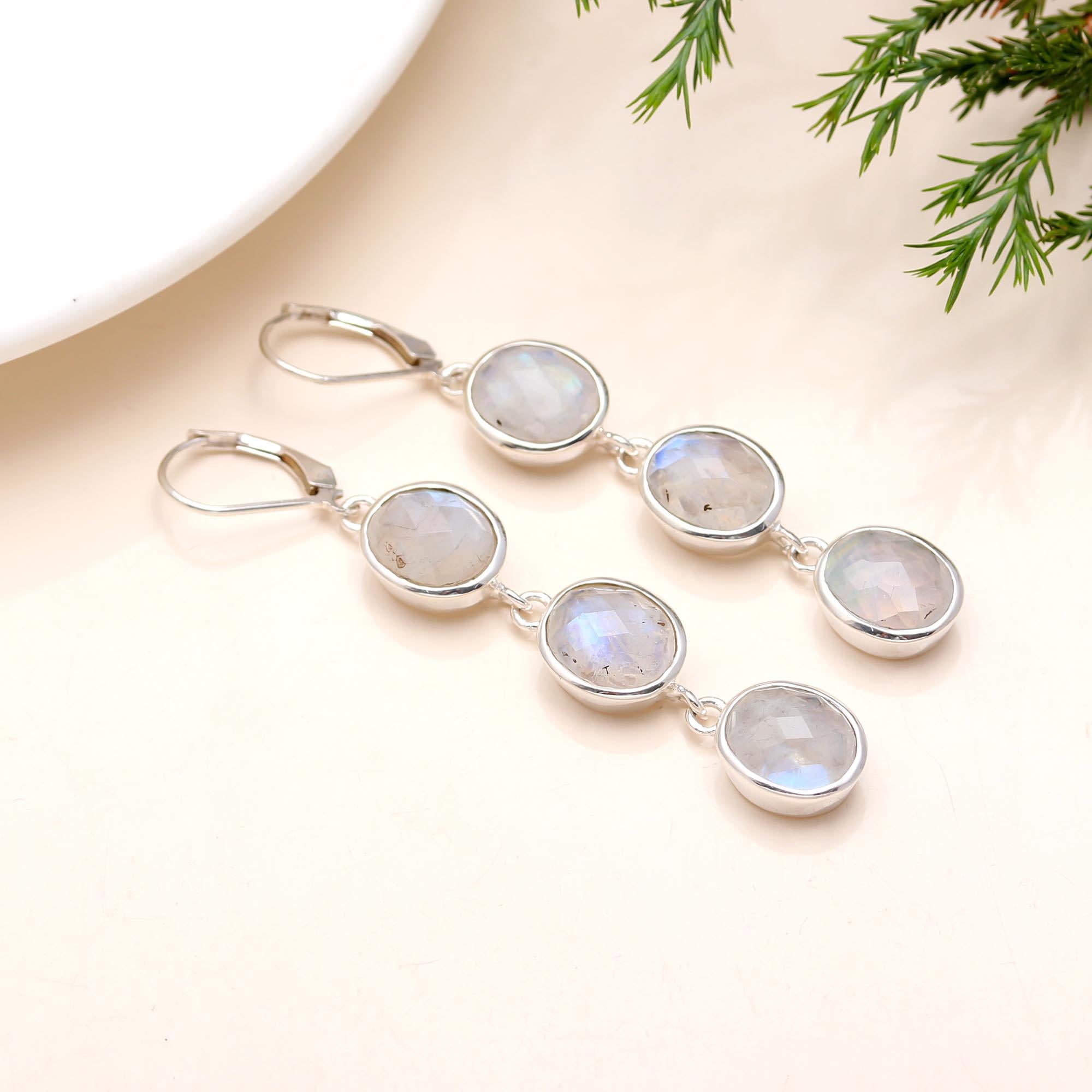 The Lunar Trio: Rainbow Moonstone & Silver Drop Earrings