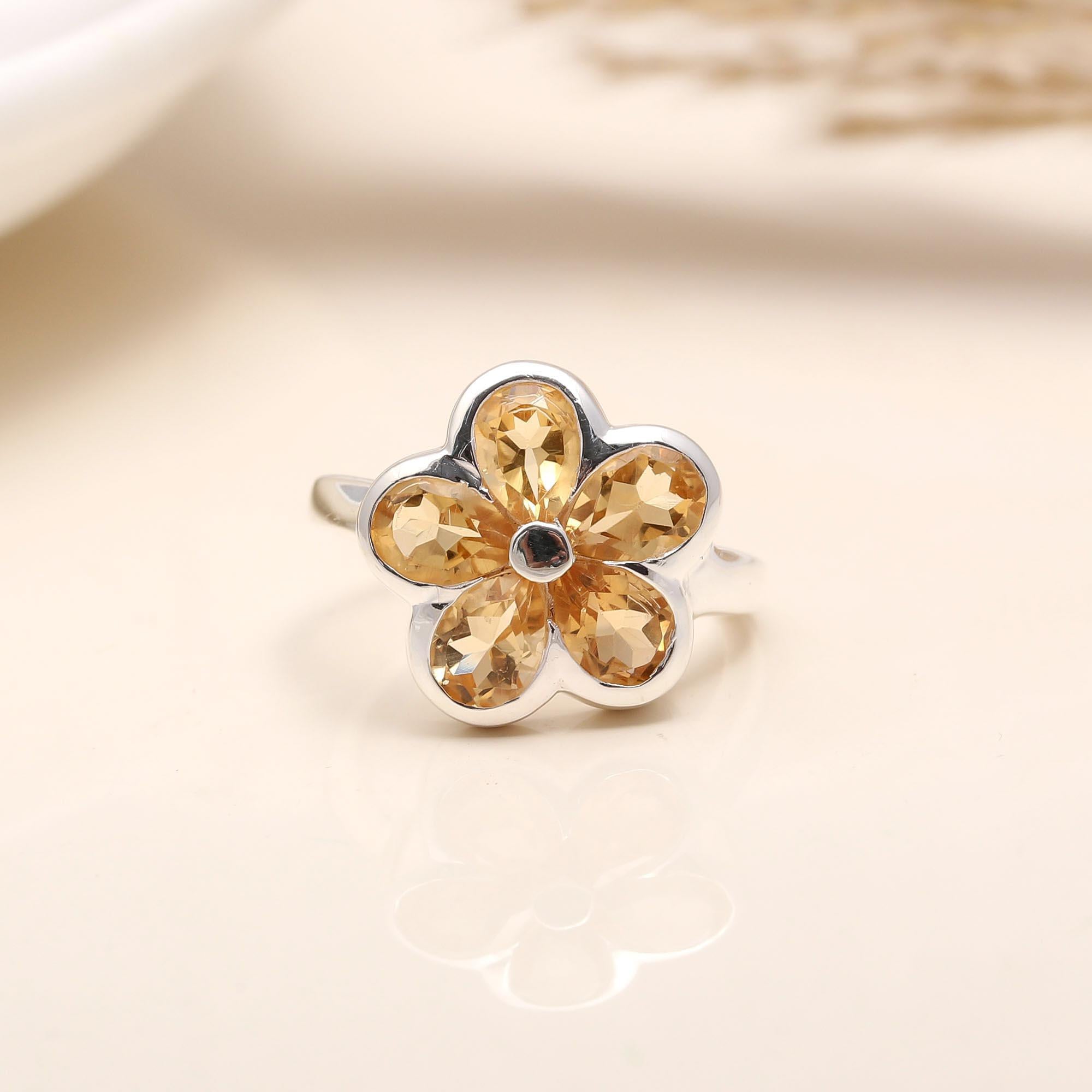 925 Silver Citrine Floral Ring