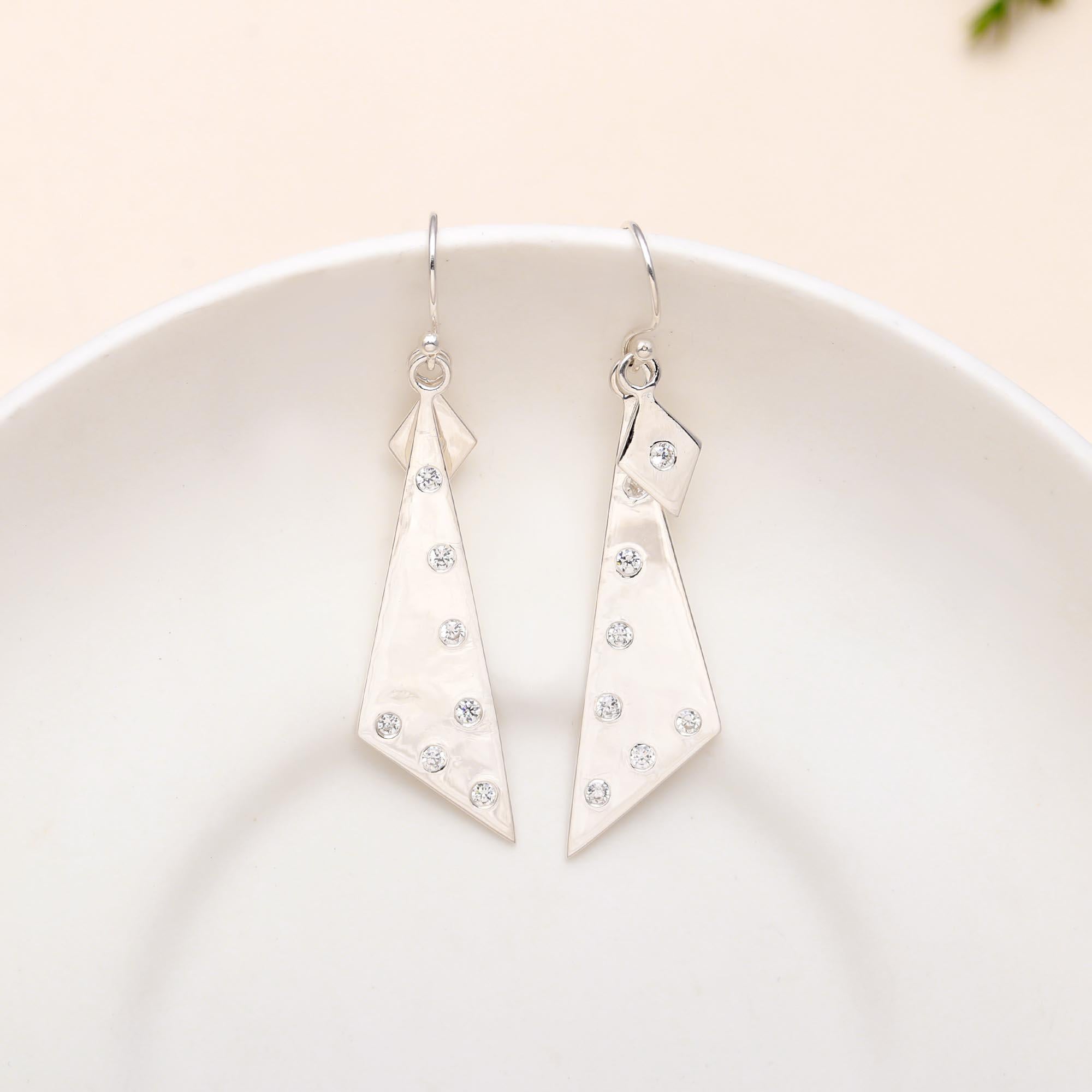 The Stardust Geometry: Asymmetric Silver & Crystal Drop Earrings