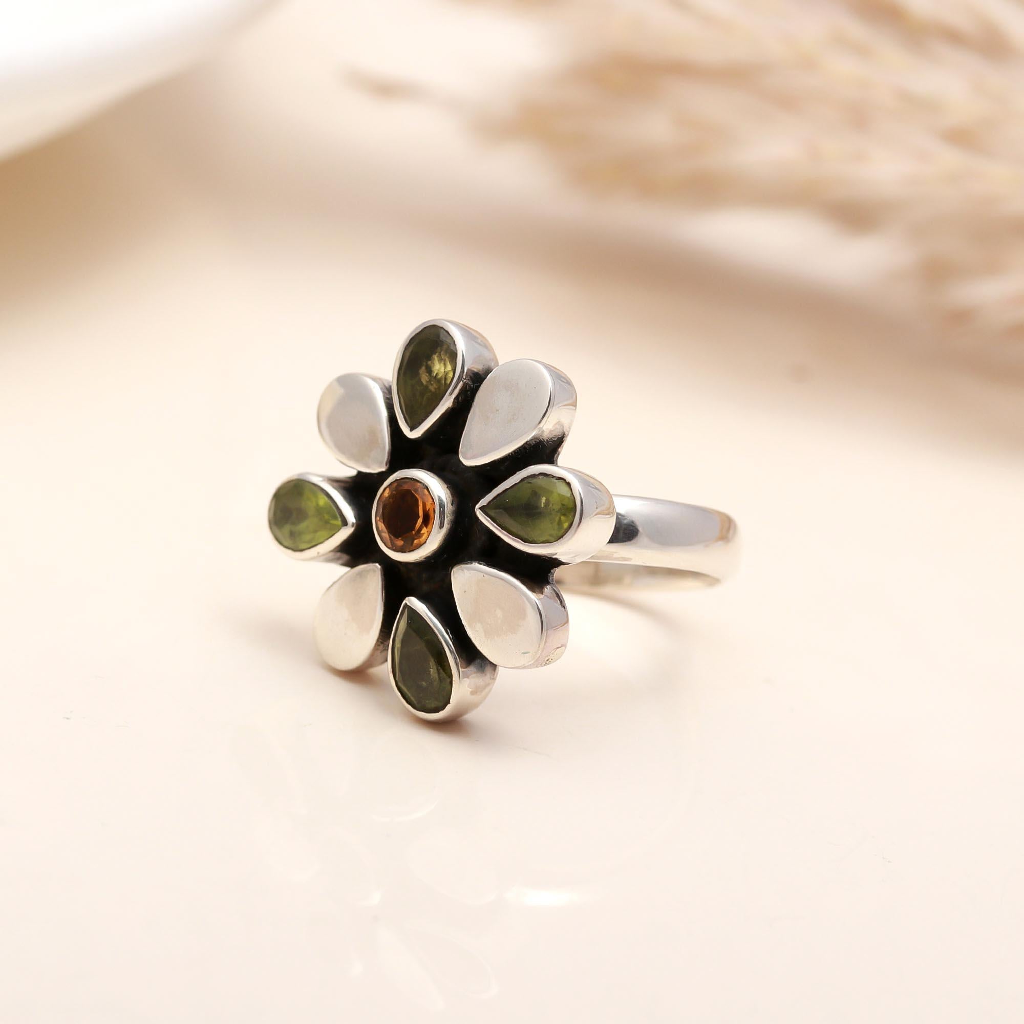 925 Silver Peridot and Citrine Floral Ring
