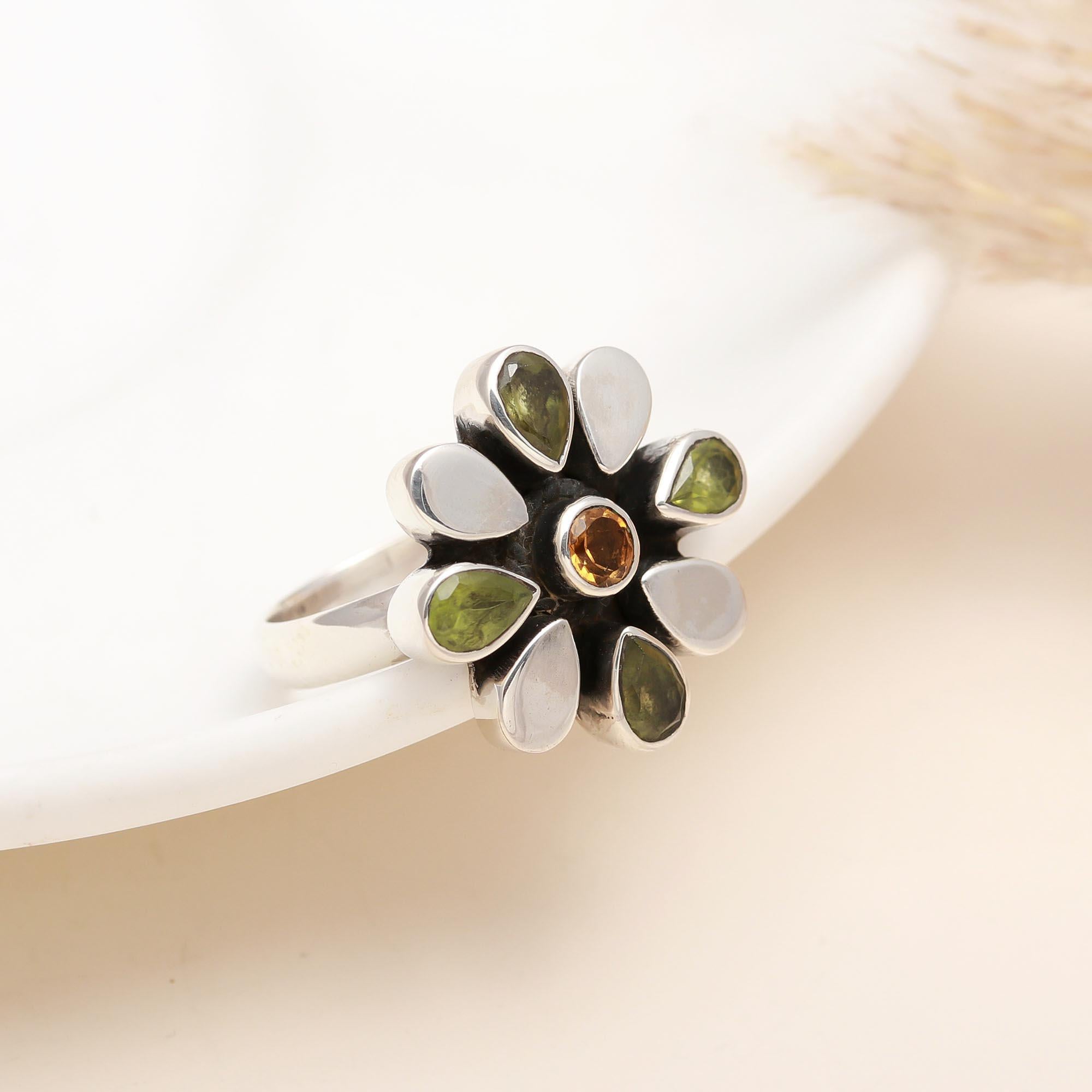 925 Silver Peridot and Citrine Floral Ring