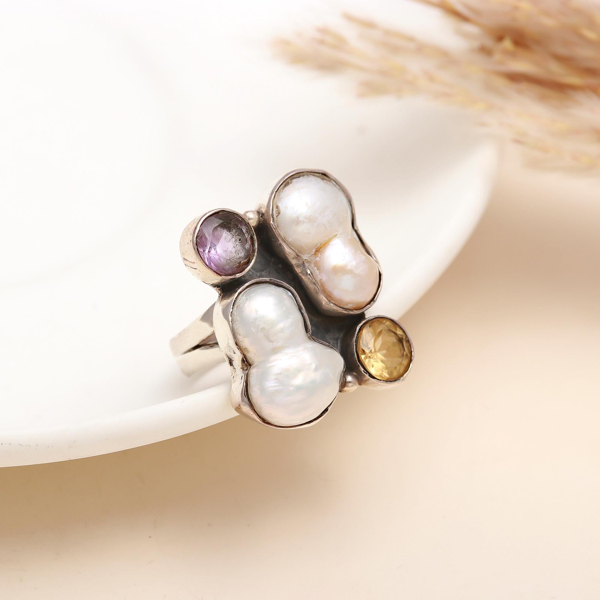 The Luminous Cluster: Baroque Pearl Multi-Gemstone Ring