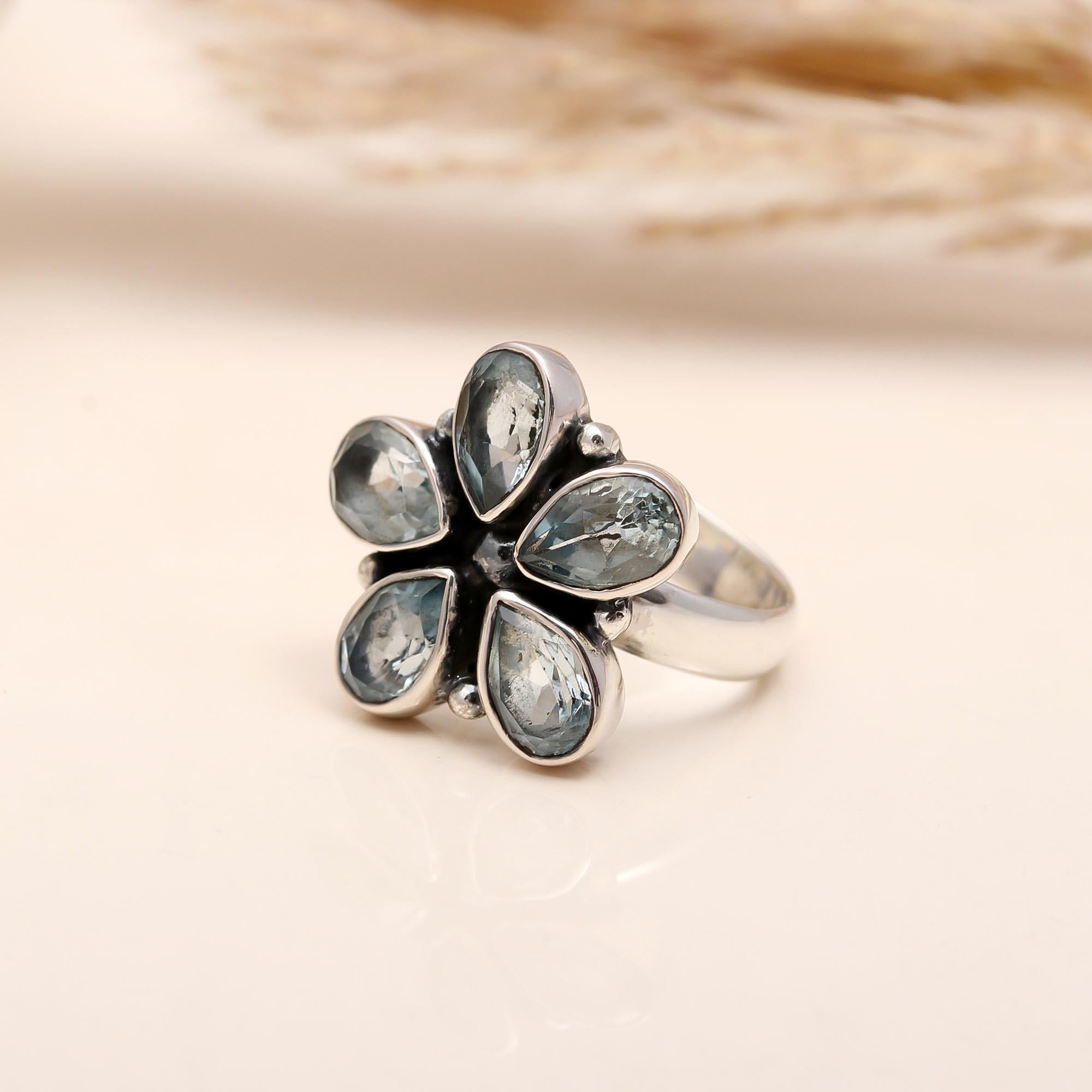 925 Silver Aquamarine Flower Ring