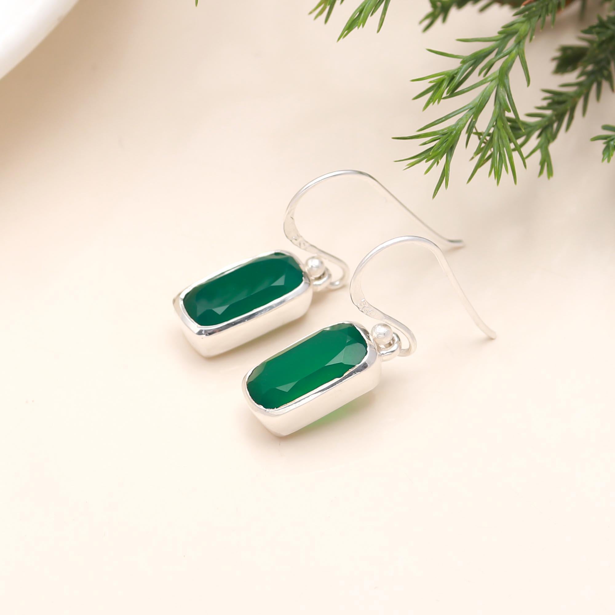 The Verdant Prism: Green Onyx & Silver Drop Earrings