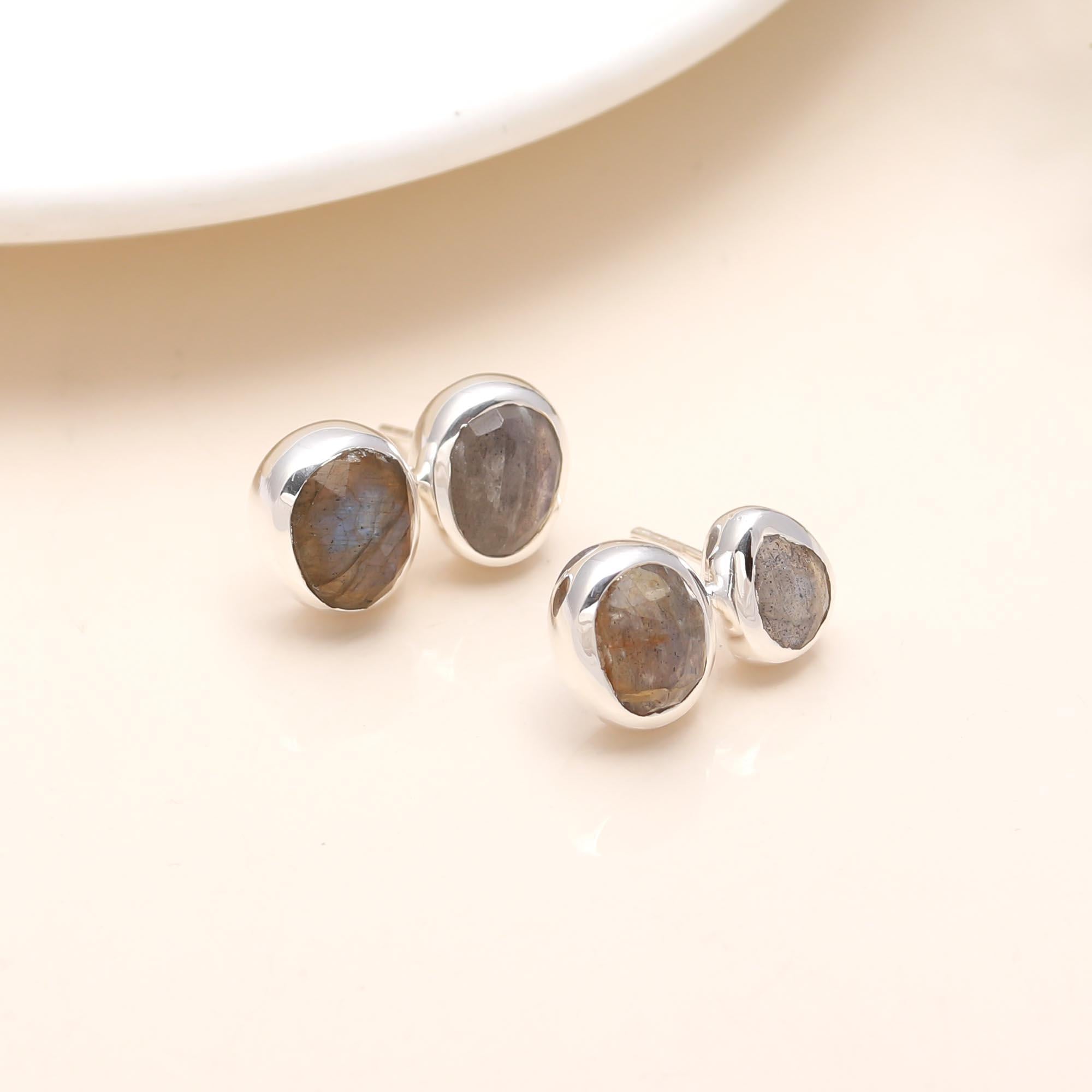 The Mystic Pebble: Labradorite Silver Bezel Studs
