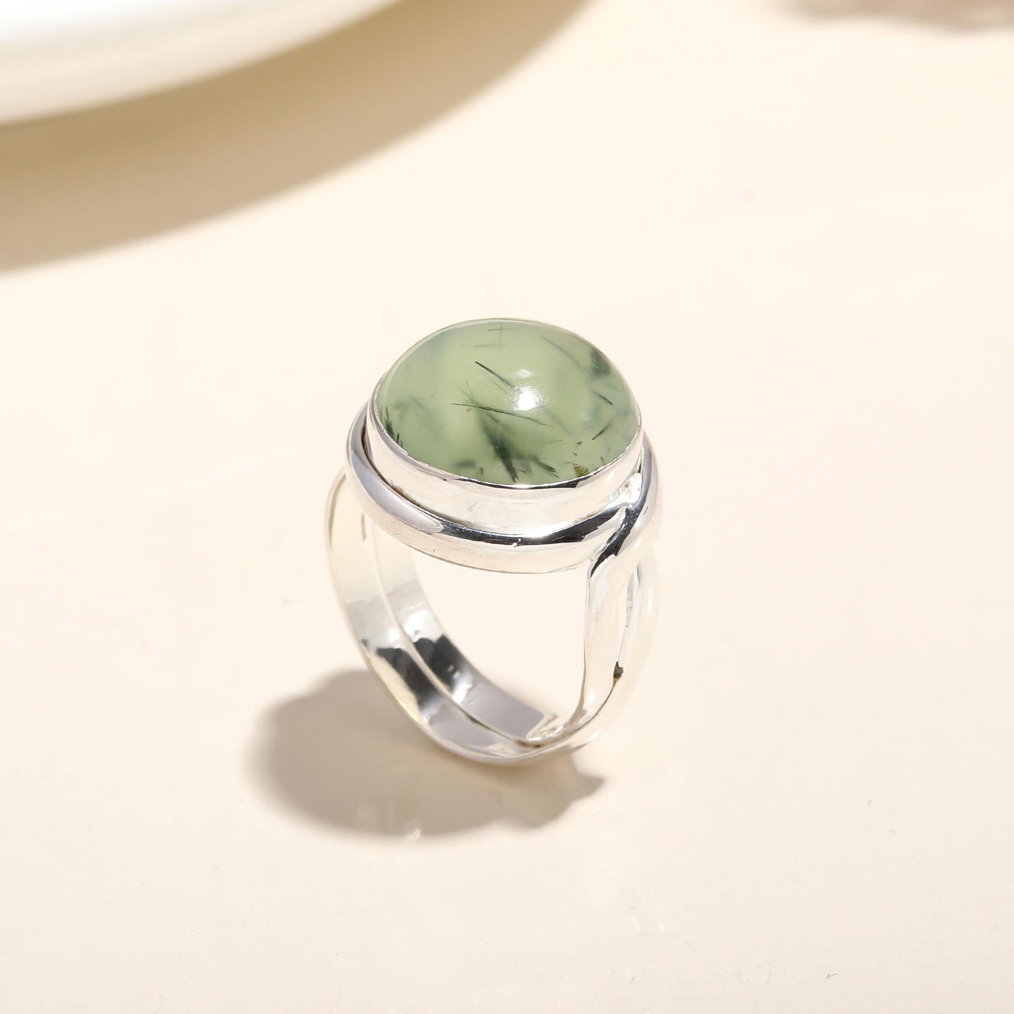 The Serene Orb: Prehnite Cabochon Silver Solitaire Ring