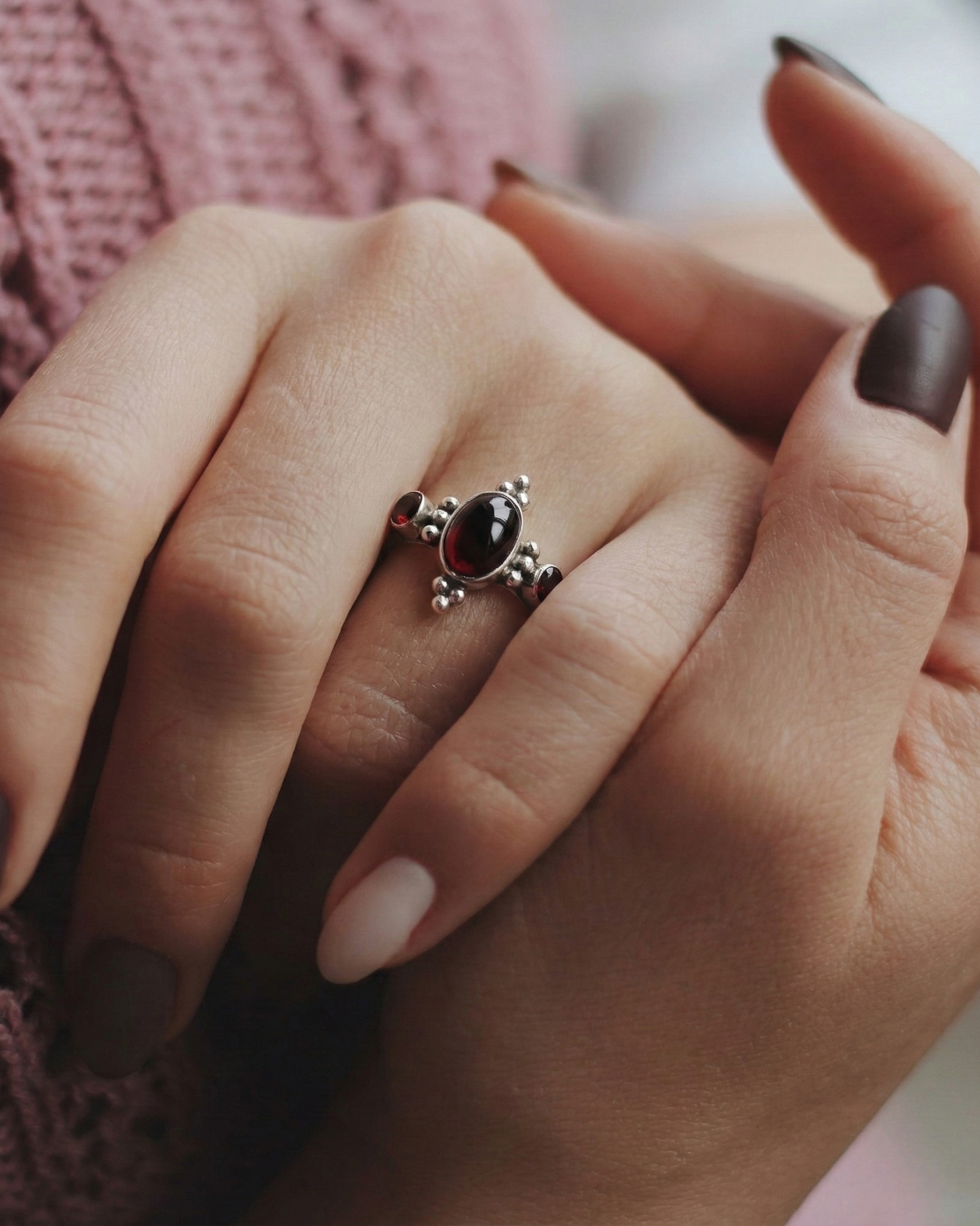 The Crimson Trilogy: Garnet Three-Stone Vintage Silver Ring
